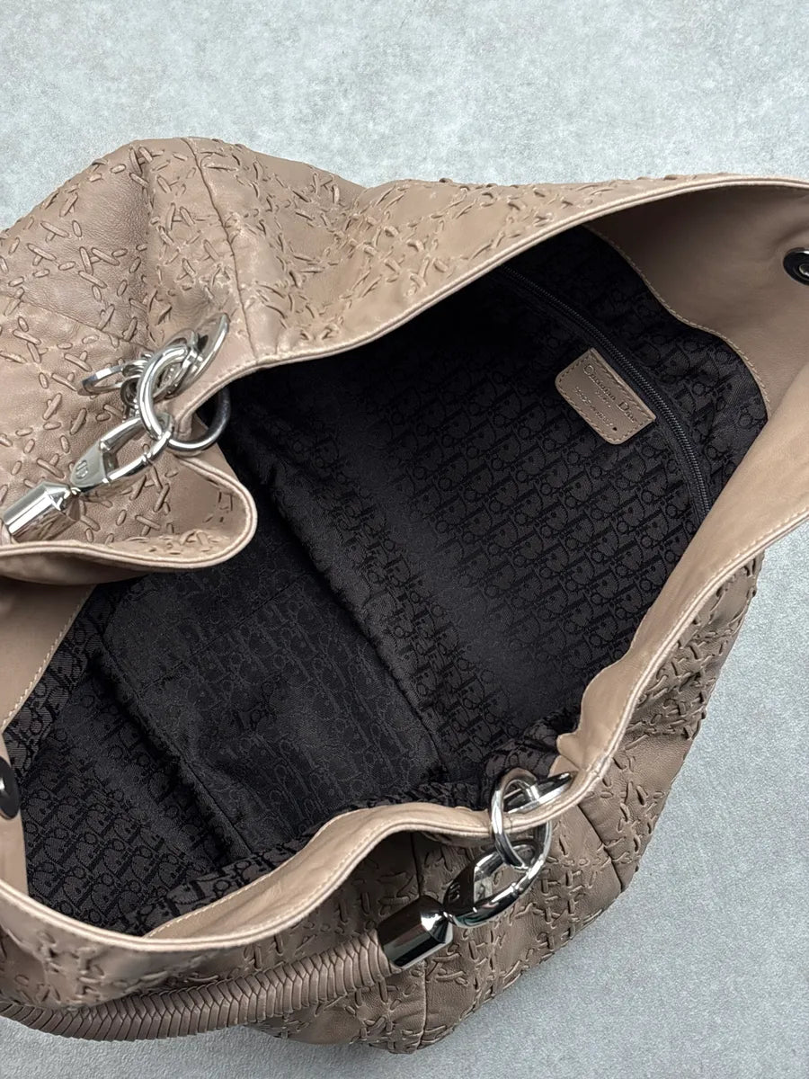SS2007 Christian Dior Taupe Leather Stitched Logo Cannage Shoulder Bag by Galliano CUesbWPO 16