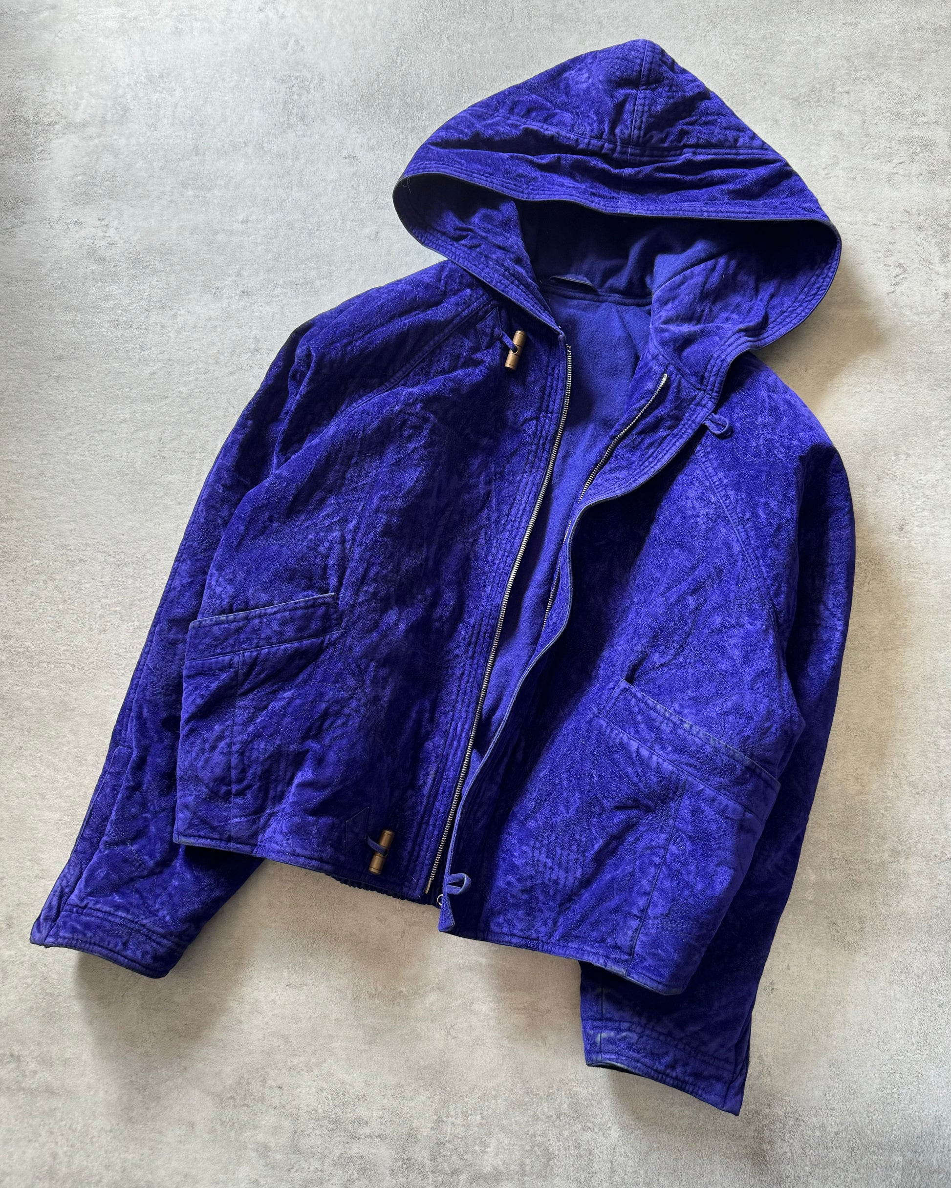 1980s Gianni Versace Blue Royal Bomber Hooded Jacket (M) - 8