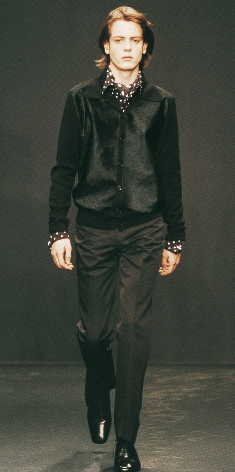 FW2000 Prada Navy Wool & Black Pony Hair Leather Zip-Up Sweater (M)