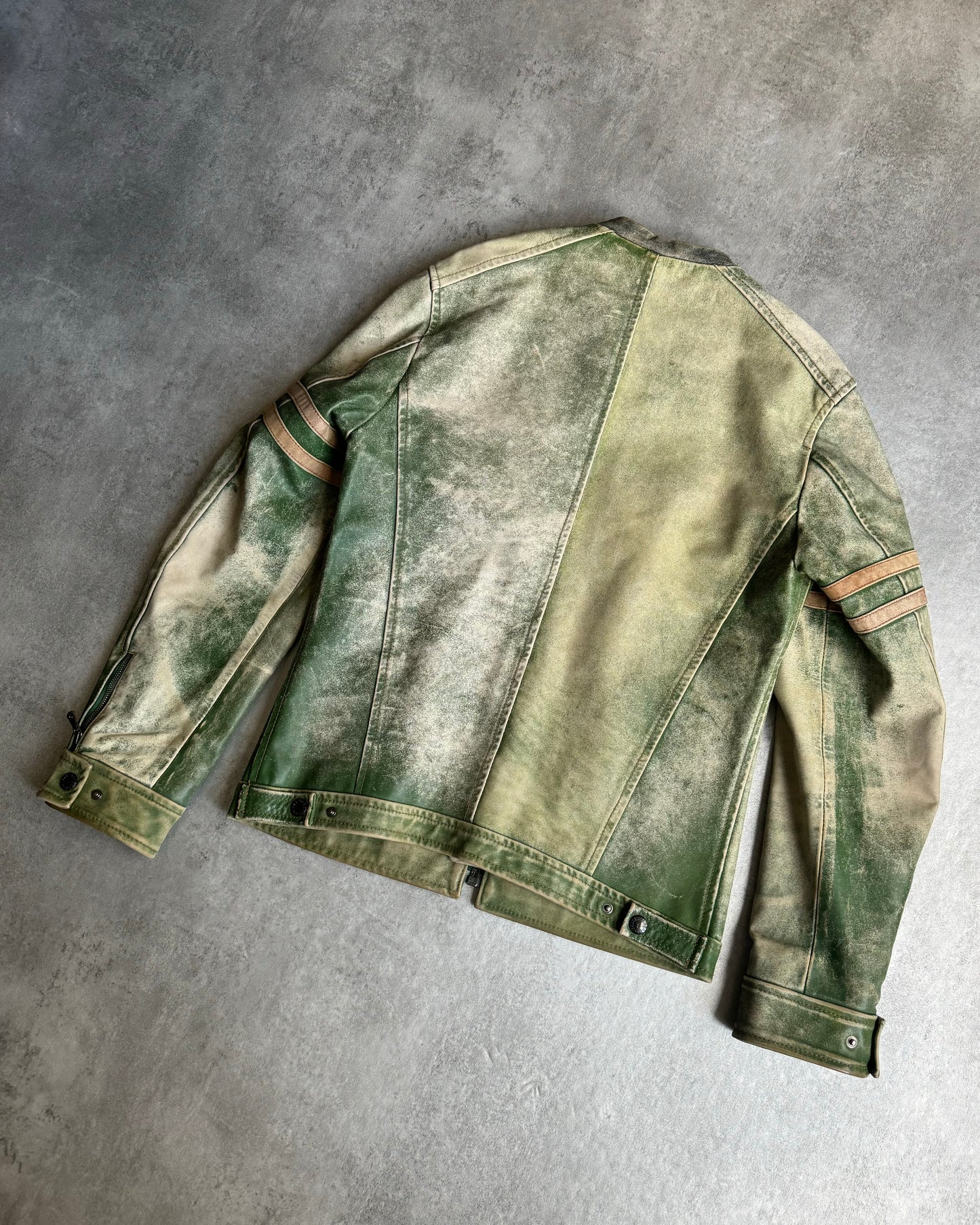 2000s Dolce & Gabbana Retro Effect Green Faded Racing Biker Leather Jacket  (S/M) - 4