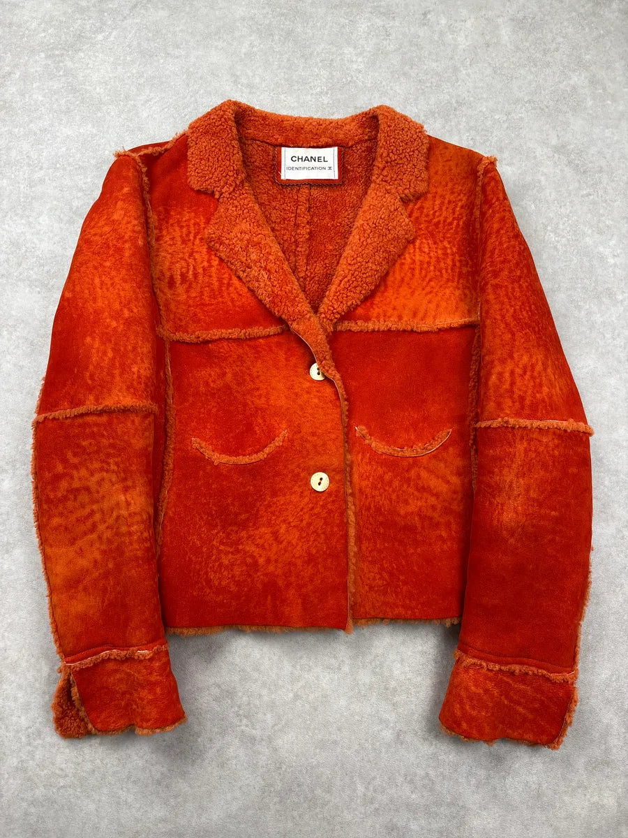 AW2000 Chanel Orange Shearling Fur Leather Jacket CgldWTZv 0