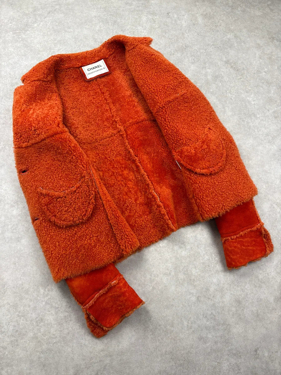 AW2000 Chanel Orange Shearling Fur Leather Jacket CgldWTZv 6