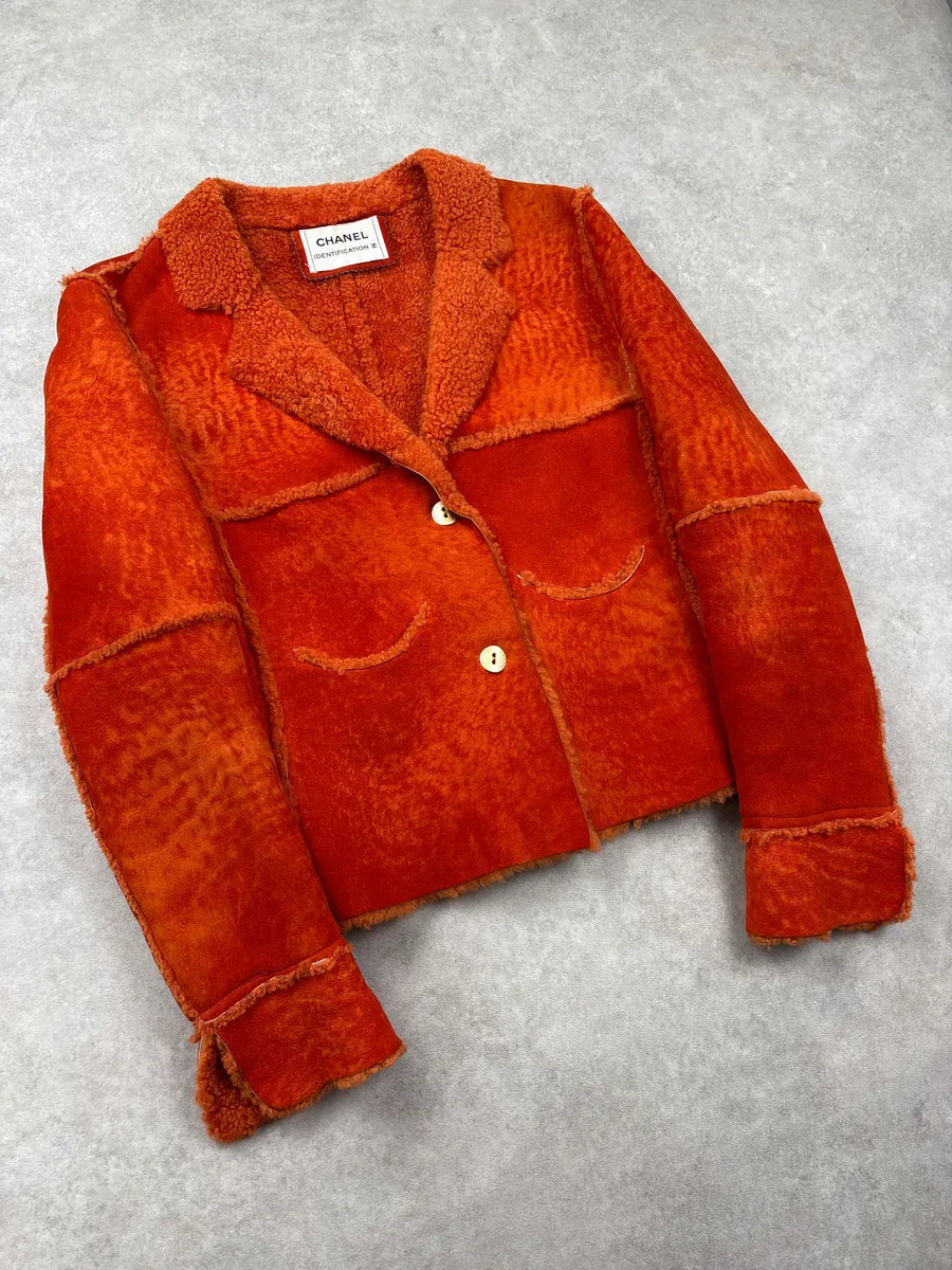 AW2000 Chanel Orange Shearling Fur Leather Jacket CgldWTZv 3