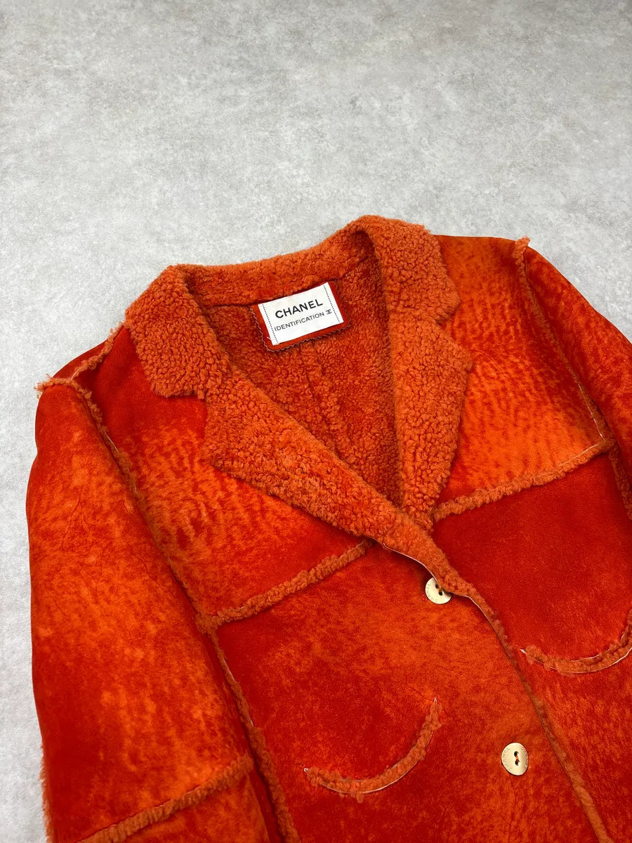AW2000 Chanel Orange Shearling Fur Leather Jacket CgldWTZv 4