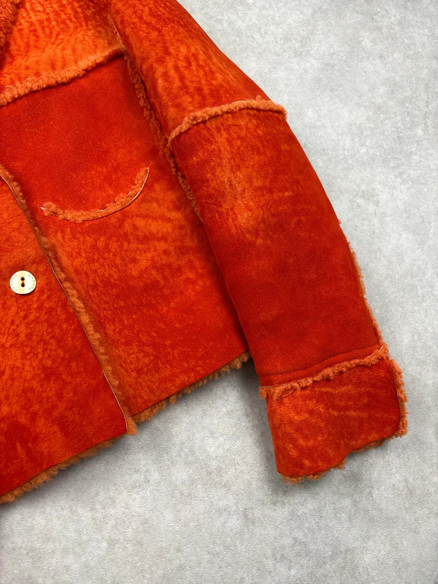 AW2000 Chanel Orange Shearling Fur Leather Jacket CgldWTZv 7