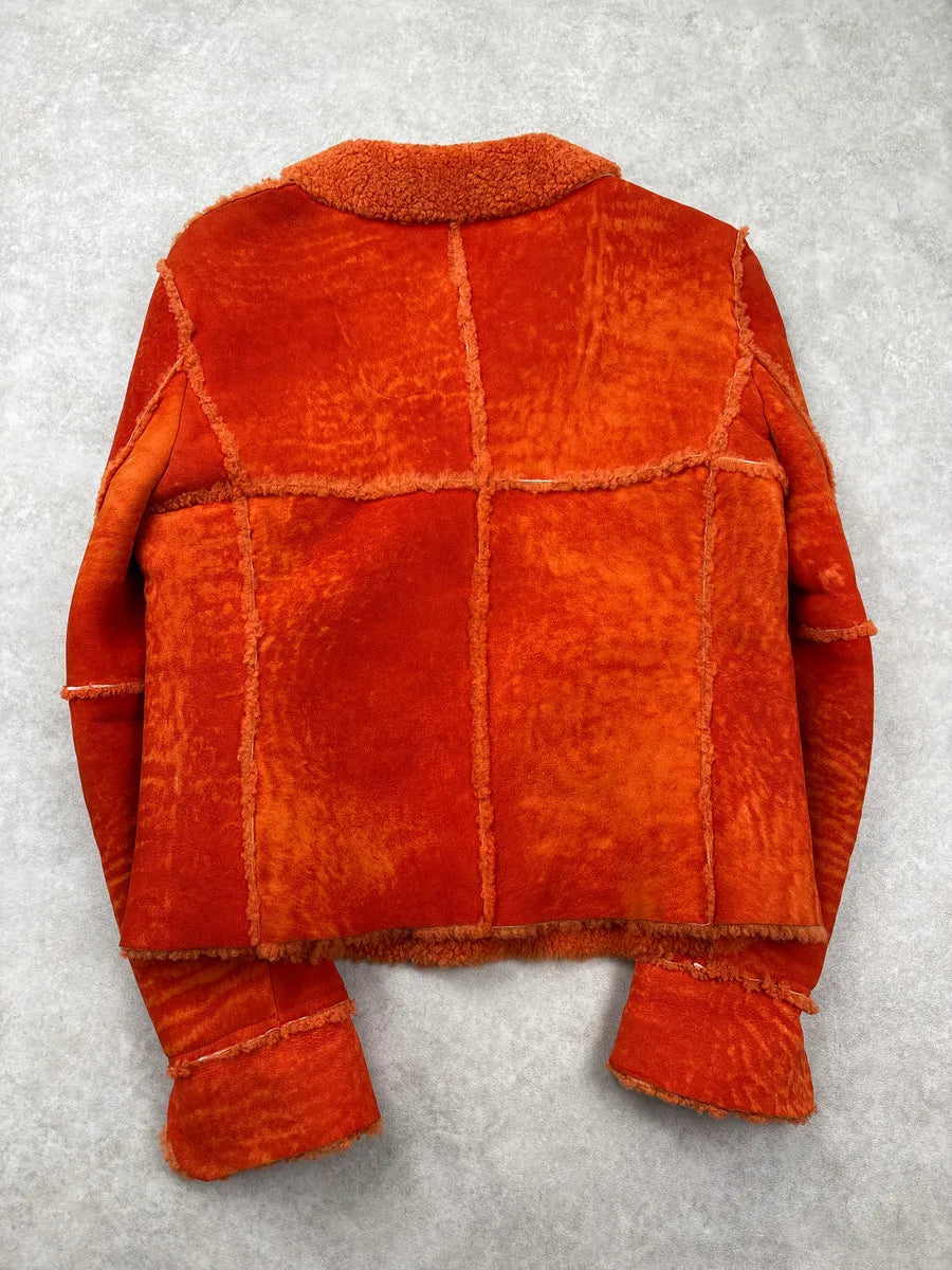AW2000 Chanel Orange Shearling Fur Leather Jacket CgldWTZv 5