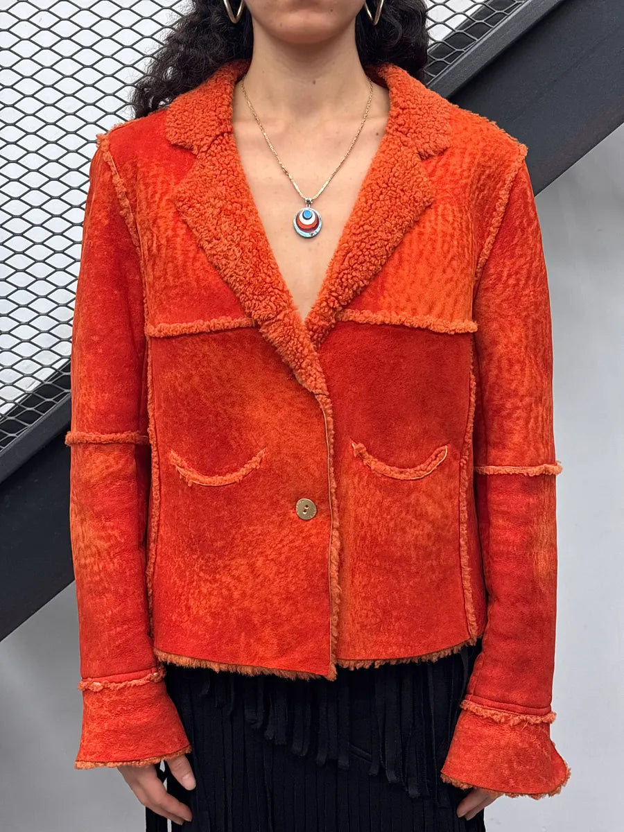 AW2000 Chanel Orange Shearling Fur Leather Jacket CgldWTZv 1