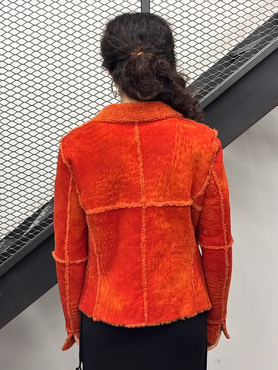 AW2000 Chanel Orange Shearling Fur Leather Jacket CgldWTZv 2