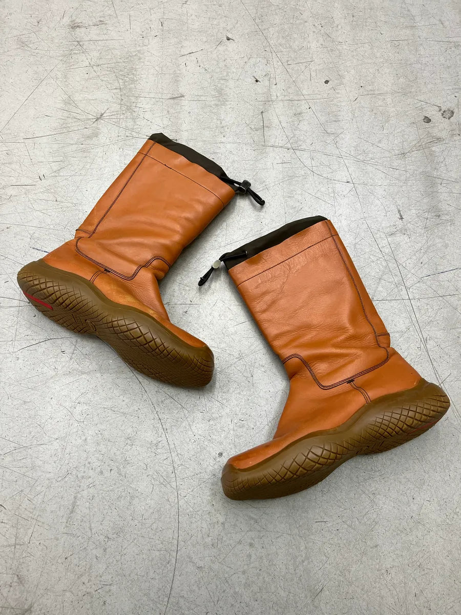 AW1999 Prada Tan Leather Square Toe Drawstring Boots CtqWVhXn 2