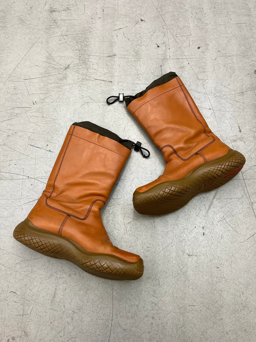 AW1999 Prada Tan Leather Square Toe Drawstring Boots CtqWVhXn 3
