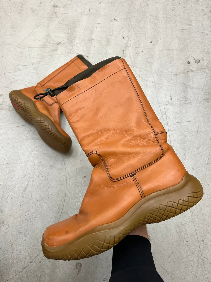 AW1999 Prada Tan Leather Square Toe Drawstring Boots CtqWVhXn 0