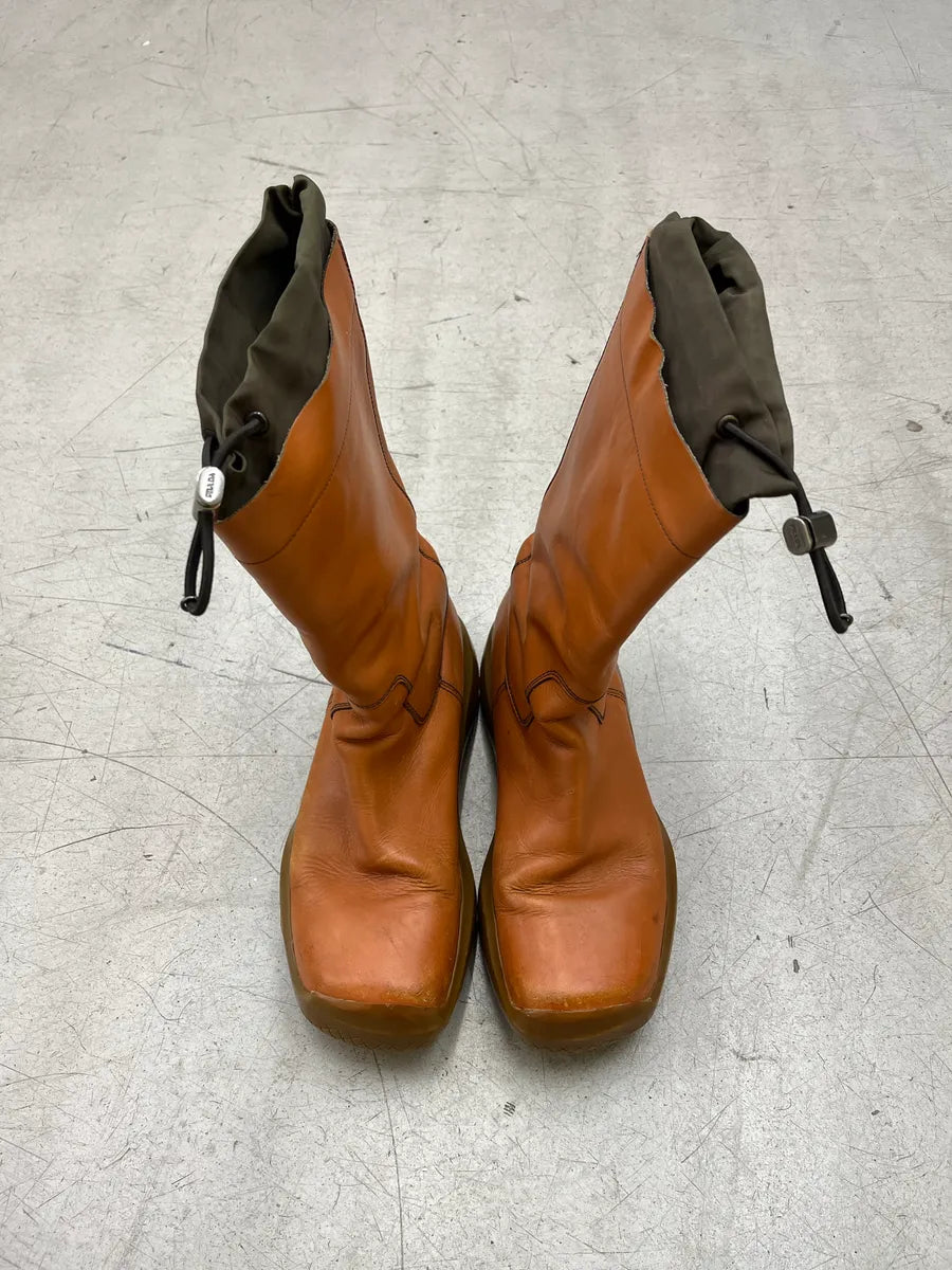 AW1999 Prada Tan Leather Square Toe Drawstring Boots CtqWVhXn 7