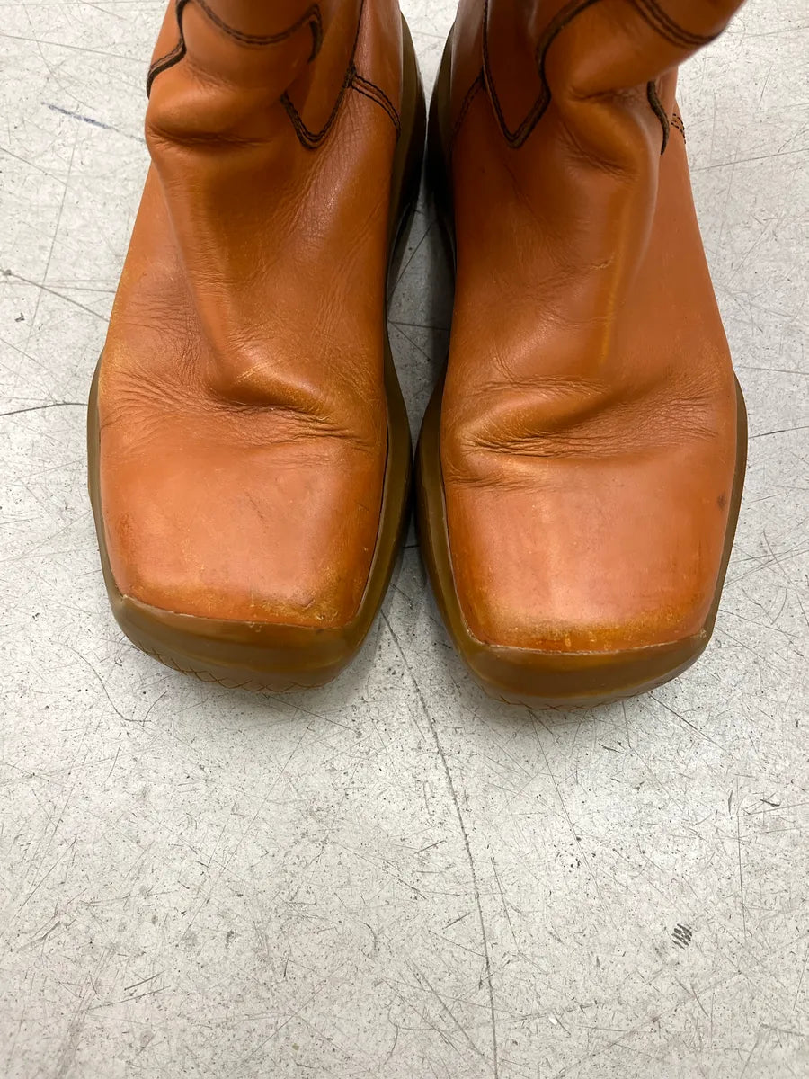 AW1999 Prada Tan Leather Square Toe Drawstring Boots CtqWVhXn 8