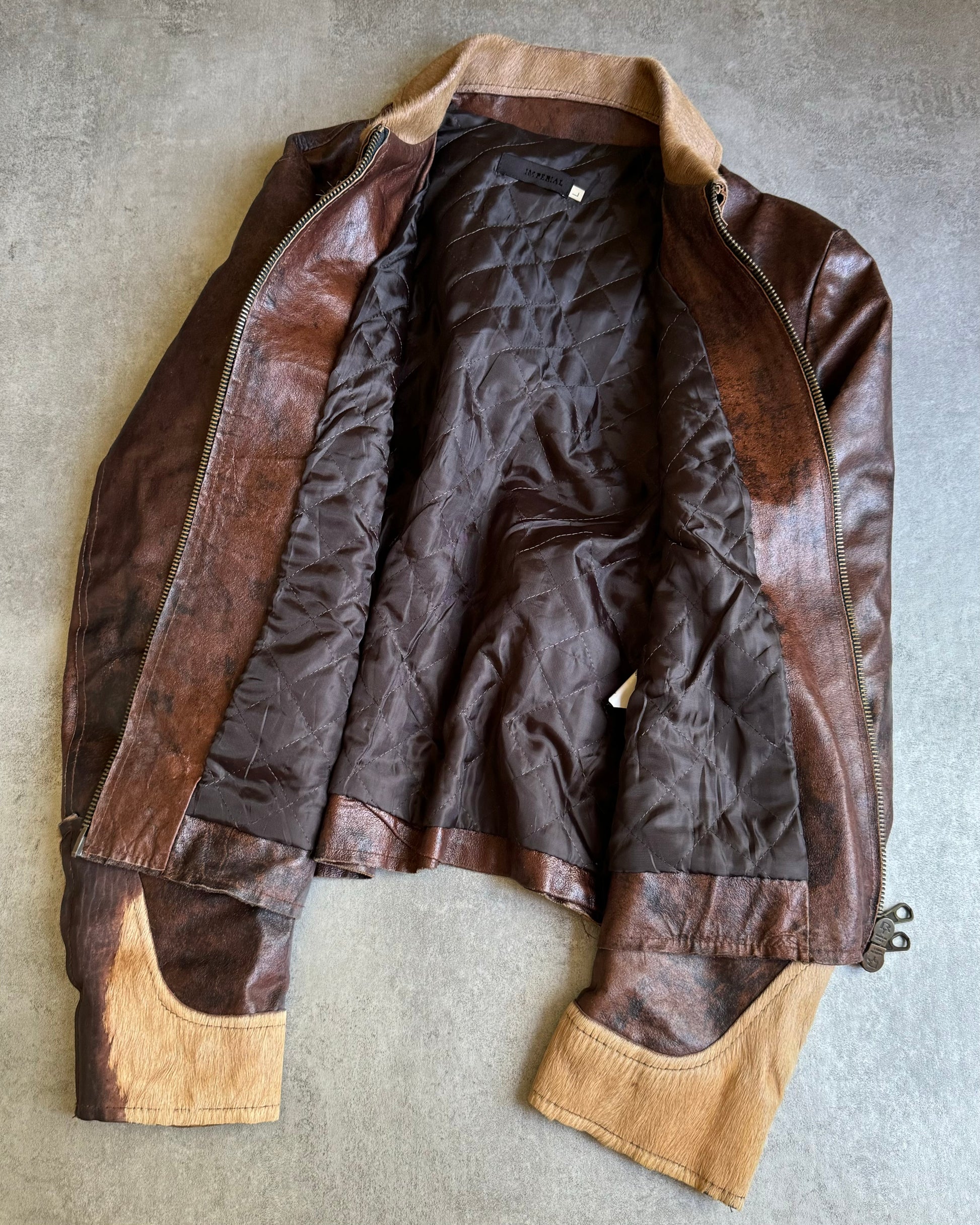 2000s Imperial Brown Fur Leather Cow Jacket (L) - 4