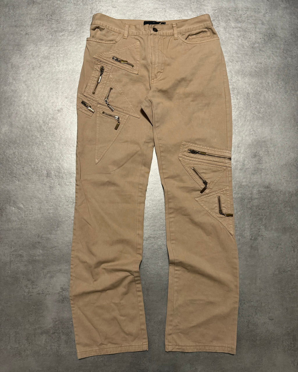 AW2004 Cavalli Geometrical Triangle Zipped Pockets Beige Pants (S/M) - 1
