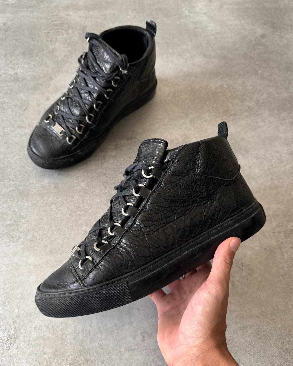 Balenciaga Arena High Black Cracked Leather Sneakers
