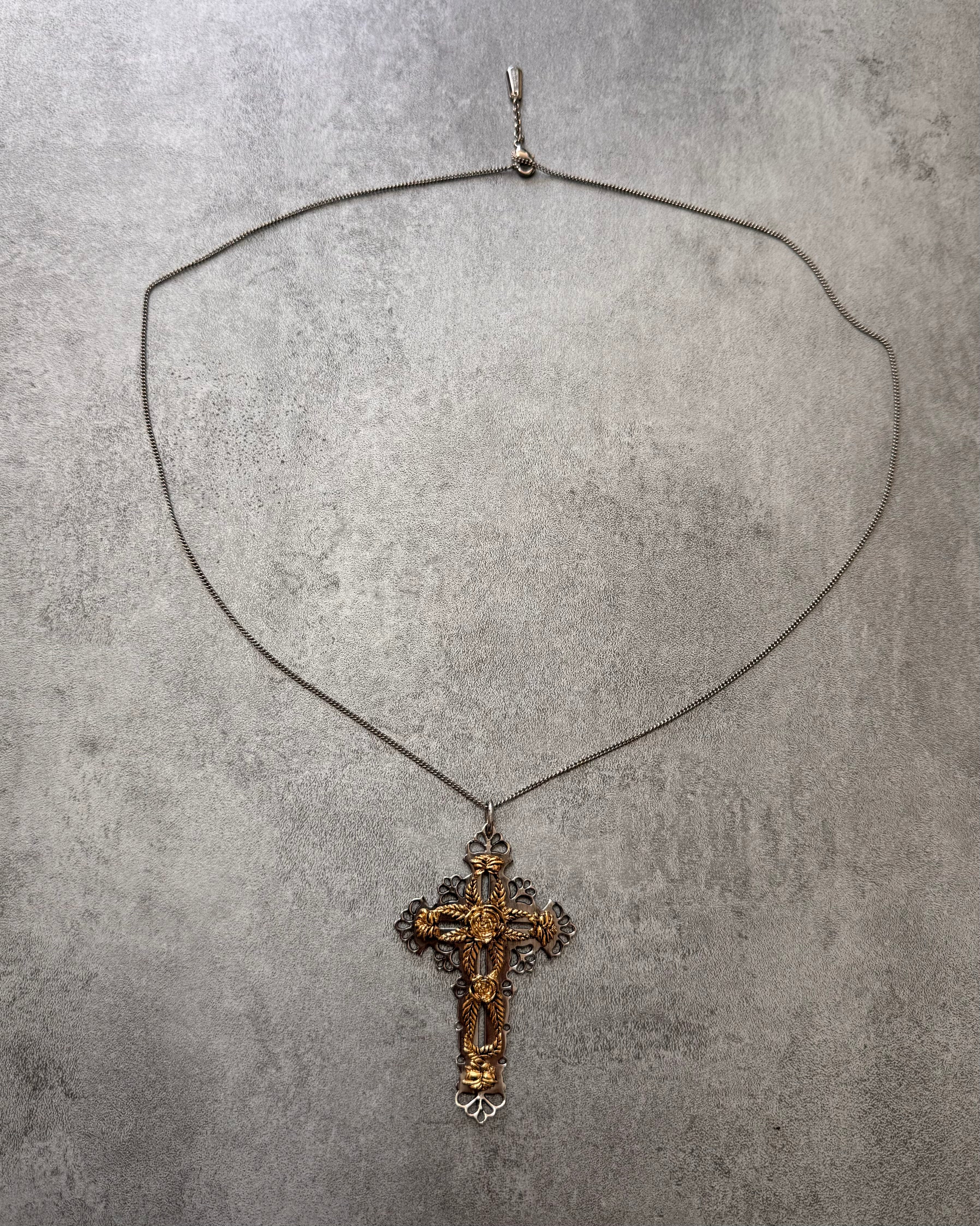 Roberto Cavalli Golden Roses Cross Pendant Stainless Necklace