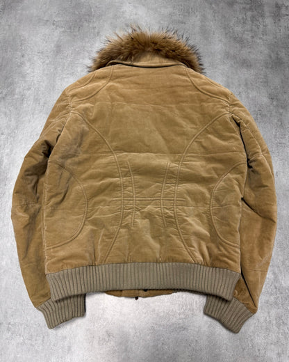 2000s Cavalli Fur Collar Beige Bomber Jacket (L)