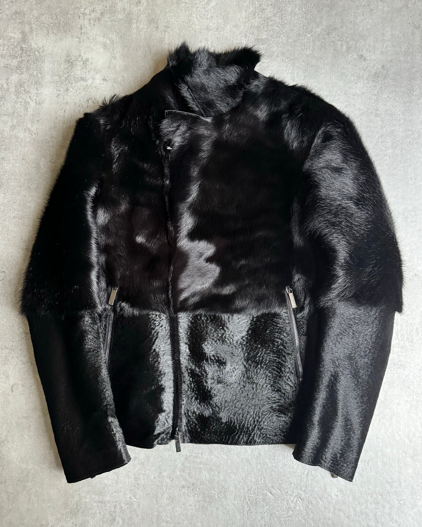 AW2012 Emporio Armani Black Baby Calf Skin Fur Asymmetrical Jacket (M) - 3