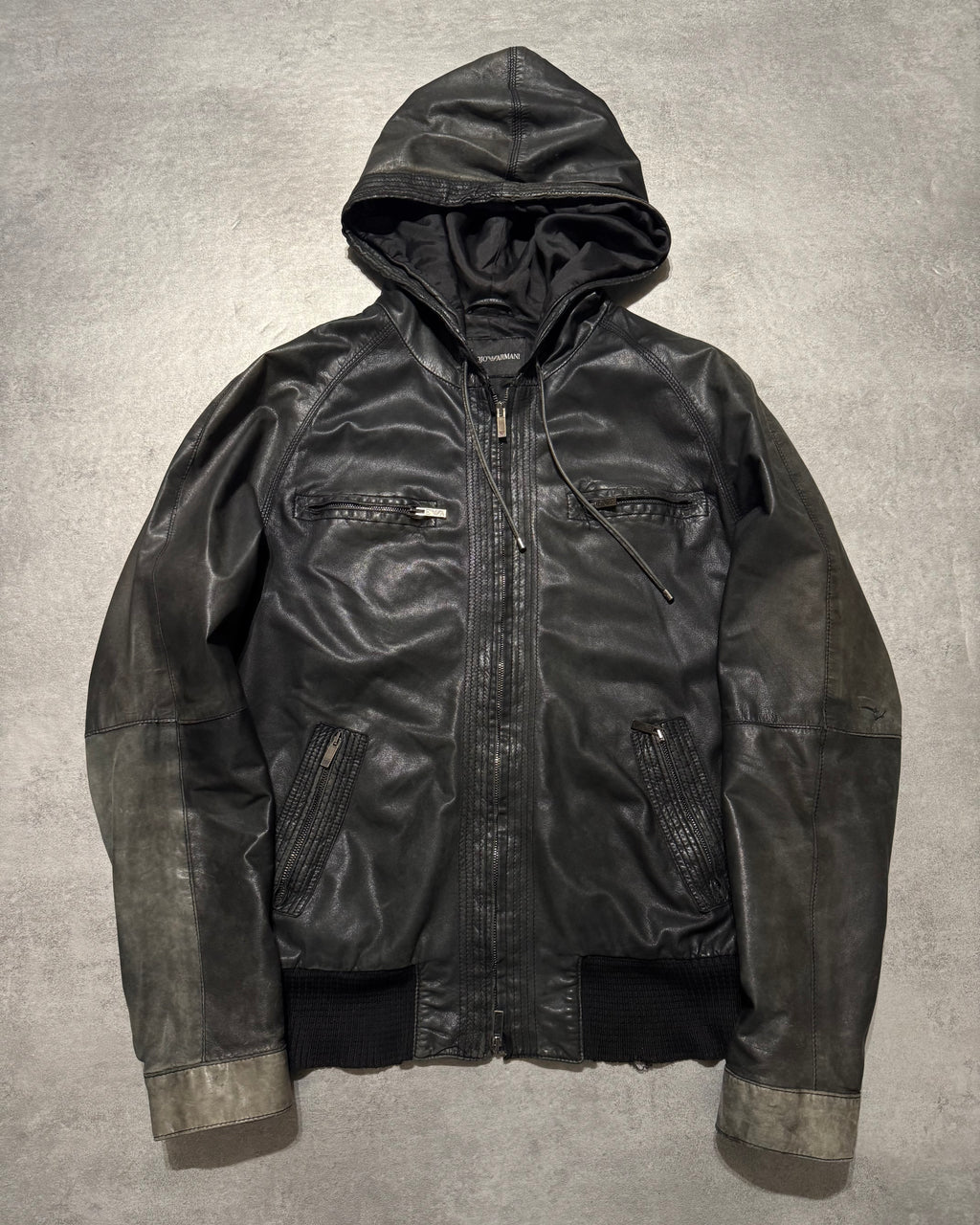 SS2008 Emporio Armani Hooded Faded Leather Black Jacket