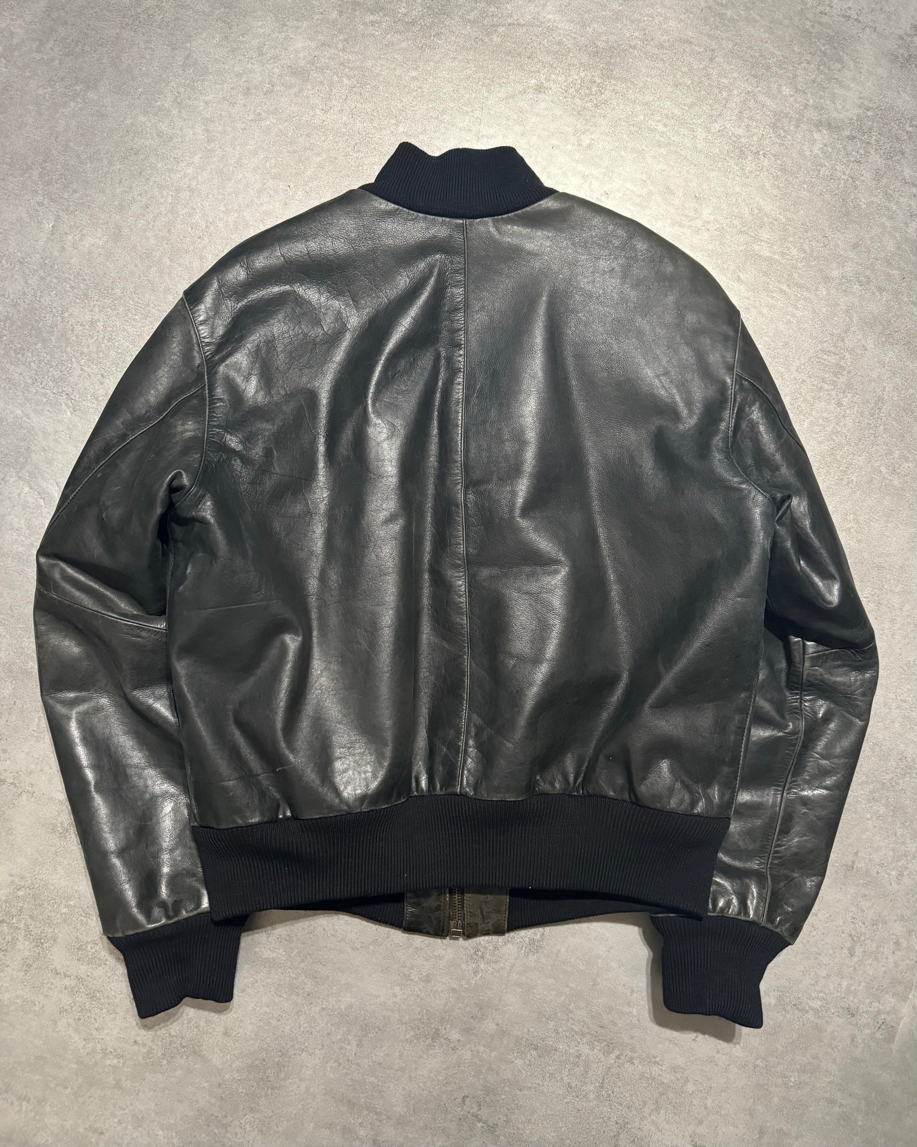 1990s Armani Leather Patina Black Premium Italian Bomber Jacket  (M/L) - 3