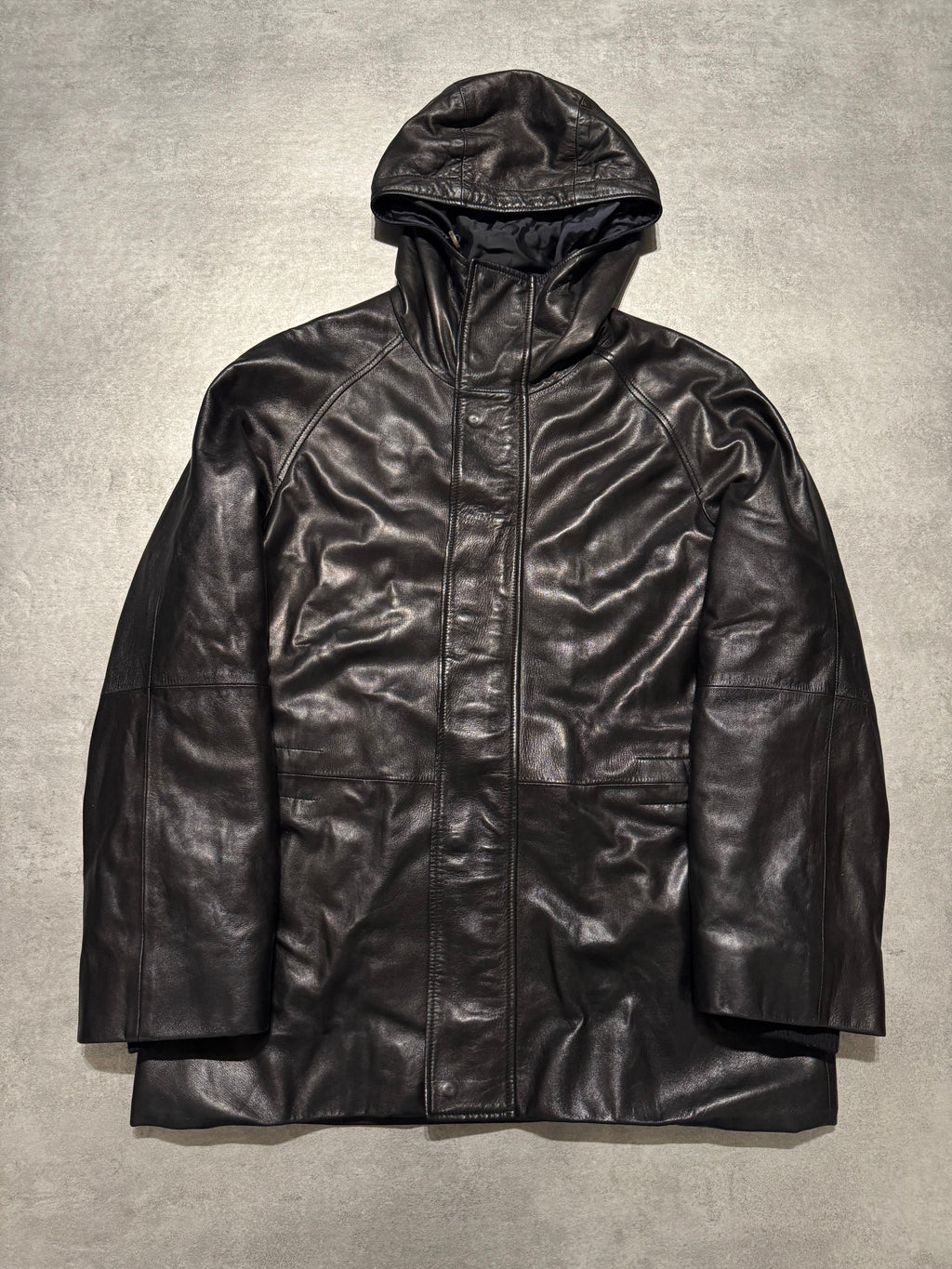 2000s Prada Sample Black Hooded Leather Jacket