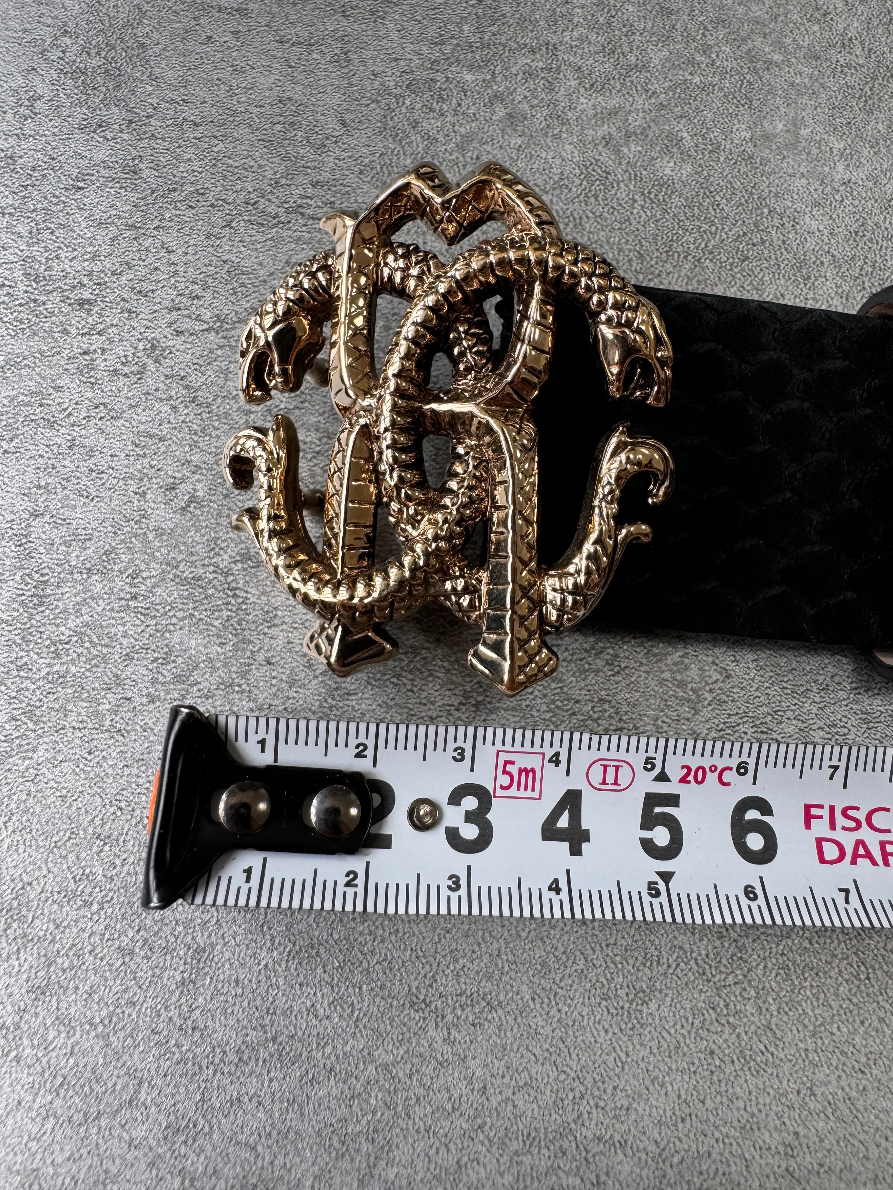 Roberto Cavalli Golden Snake Buckle Dark Navy Leather Belt