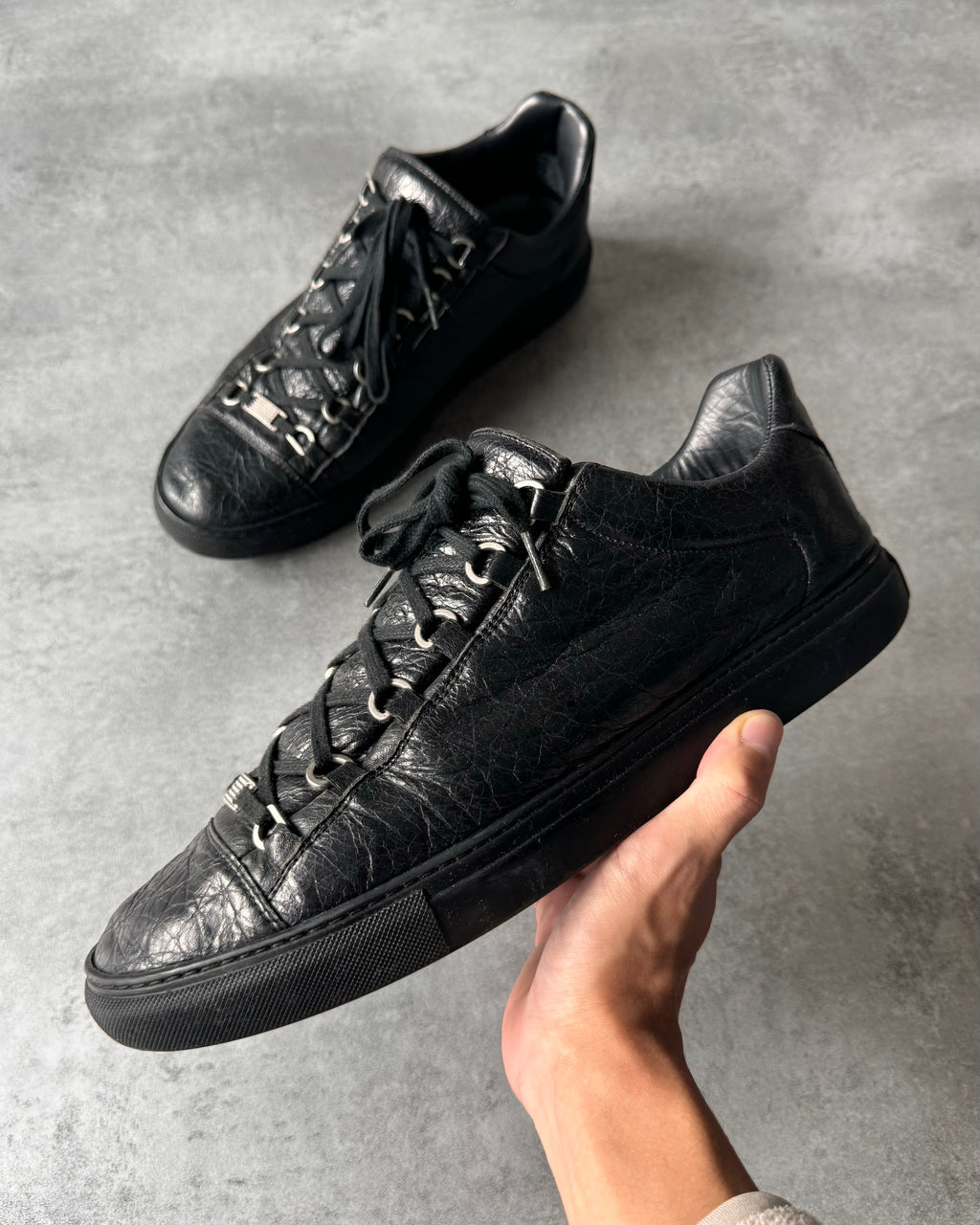 Balenciaga Arena Low Black Cracked Leather Sneakers