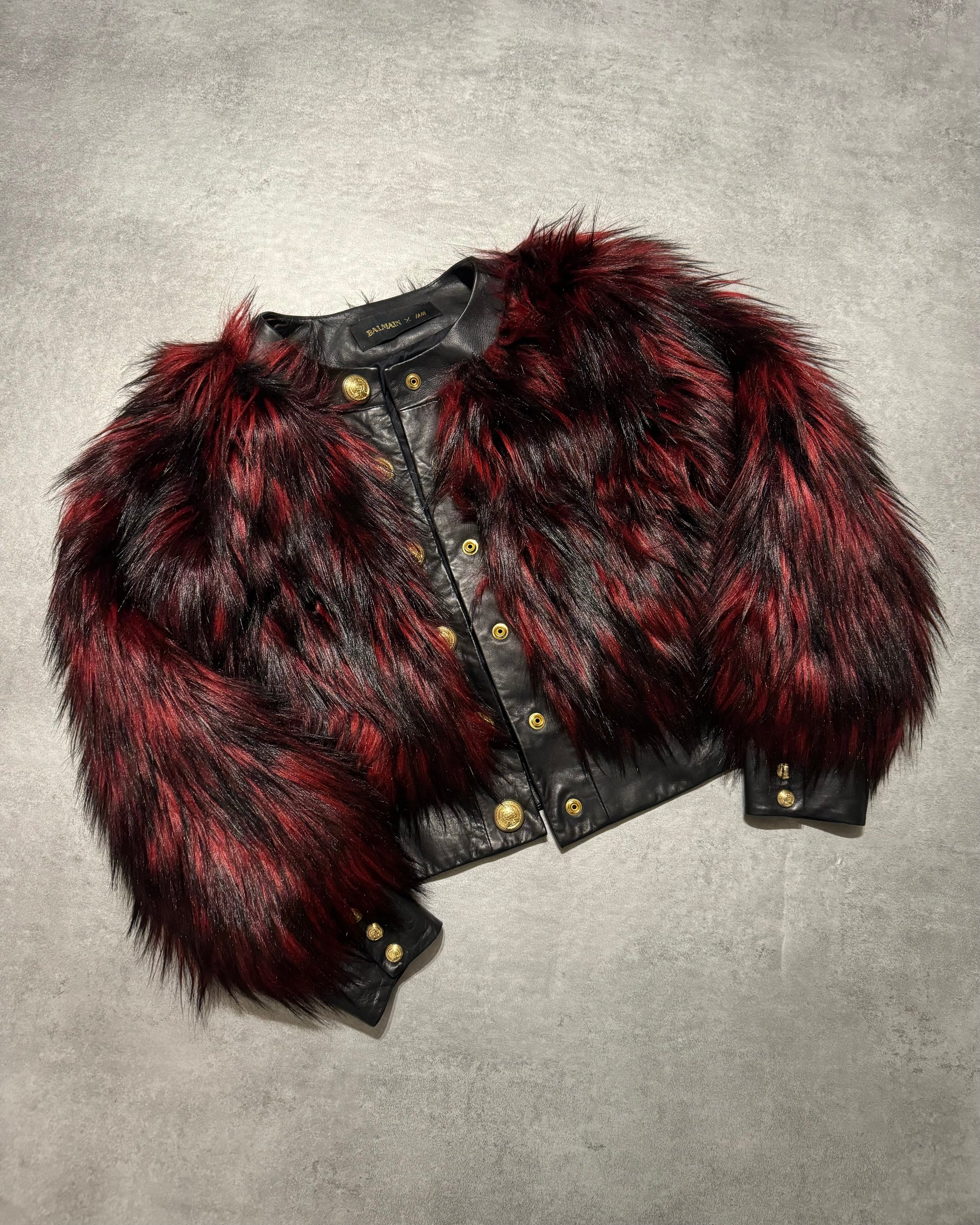 FW2015 Balmain x H&M Red Faux Fur Leather Jacket (XS) - 8