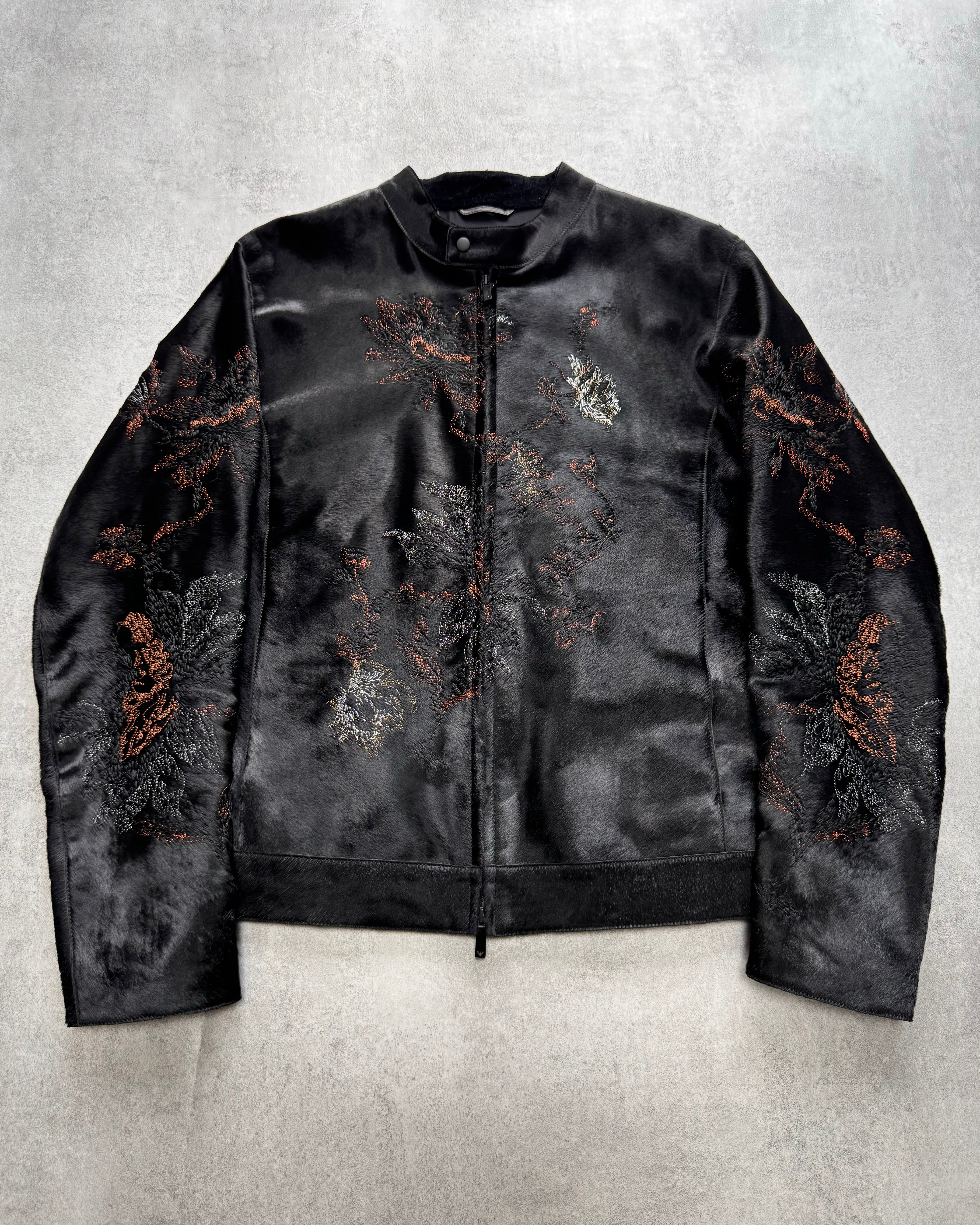 FW2018 Emporio Armani Pony Hair Floral Embroidery Leather Jacket