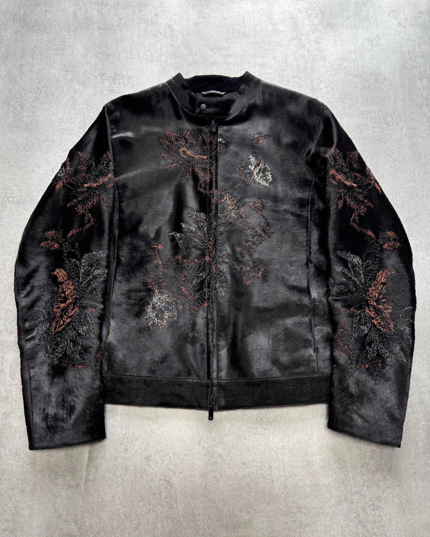 FW2018 Emporio Armani Pony Hair Floral Embroidery Leather Jacket (L)