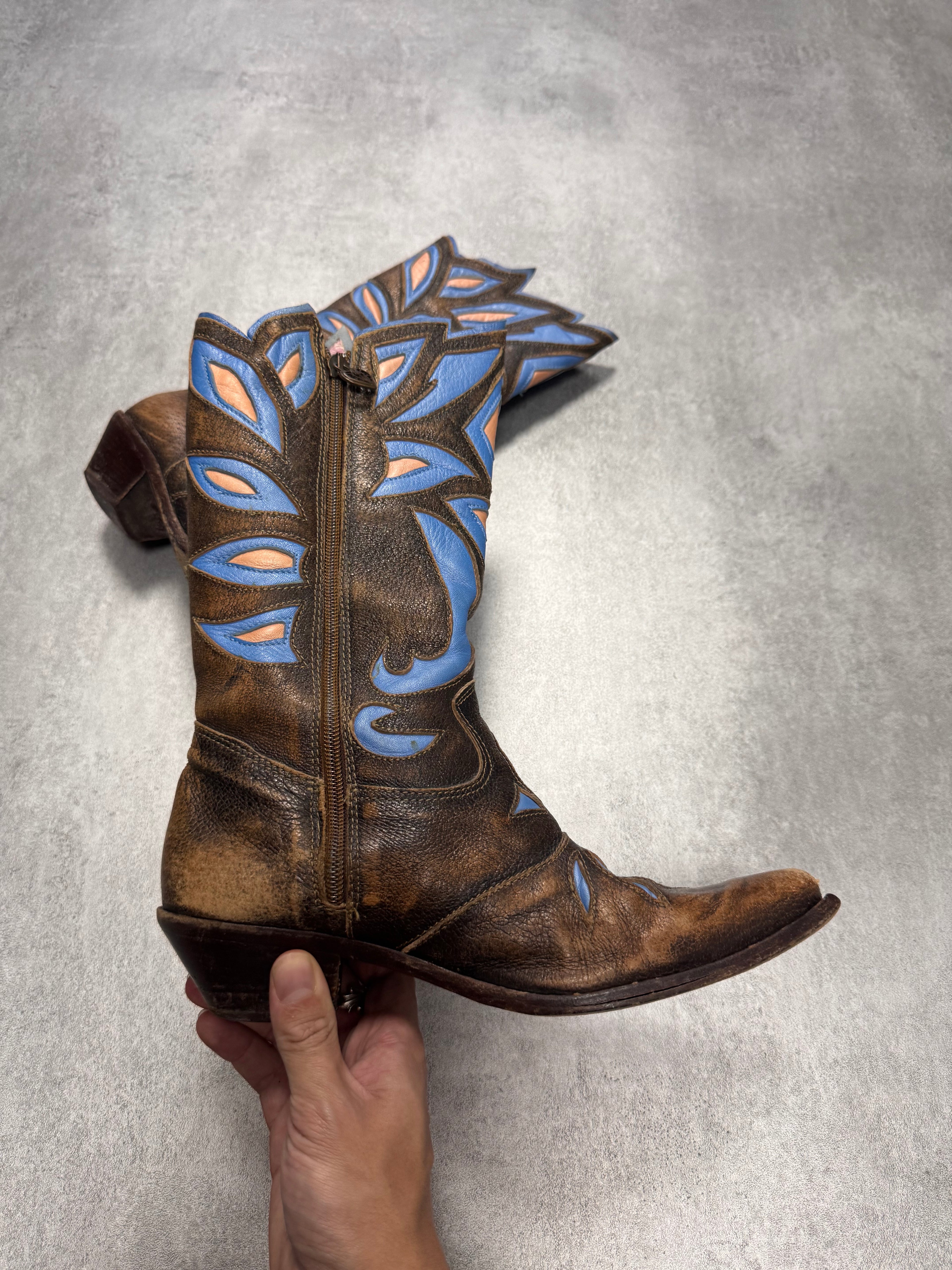 Roberto Cavalli Santiag Blue Fantasy Faded Leather Boots