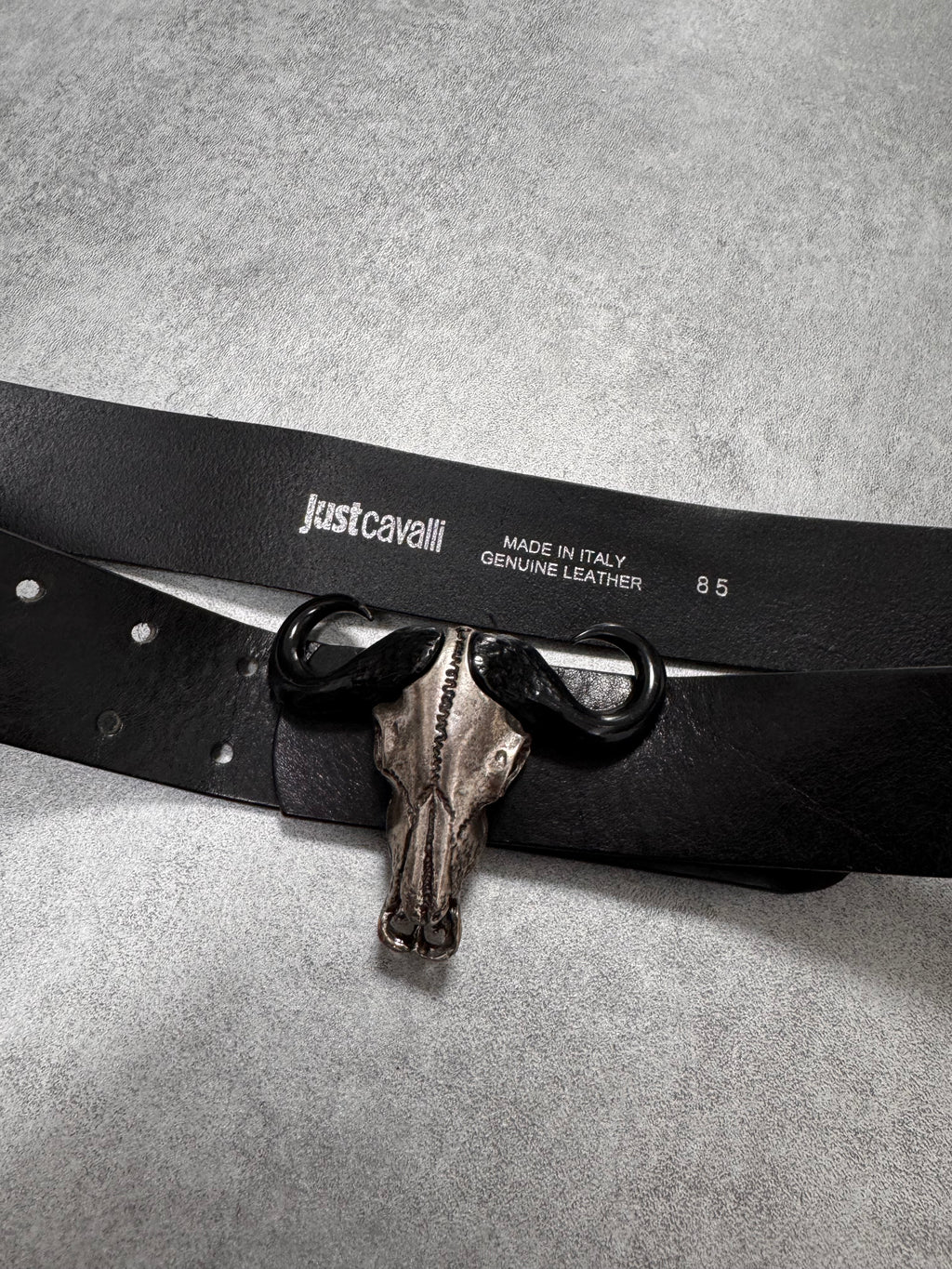 Cavalli Bull Skull Buckle Leather Belt