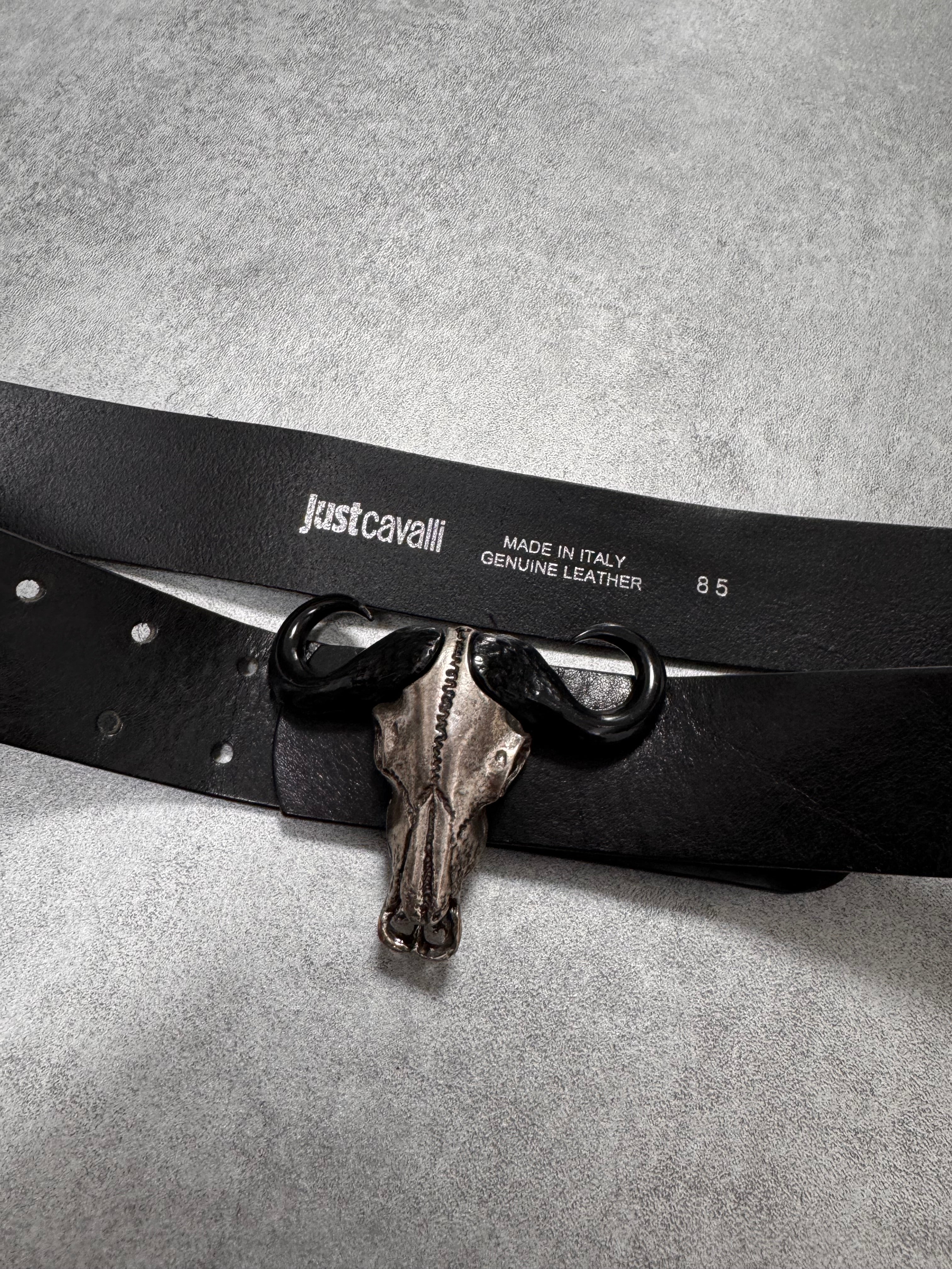 Cavalli Bull Skull Buckle Leather Belt