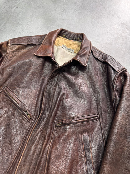 1990s Emporio Armani Brown Classic Bomber Leather Jacket (M)