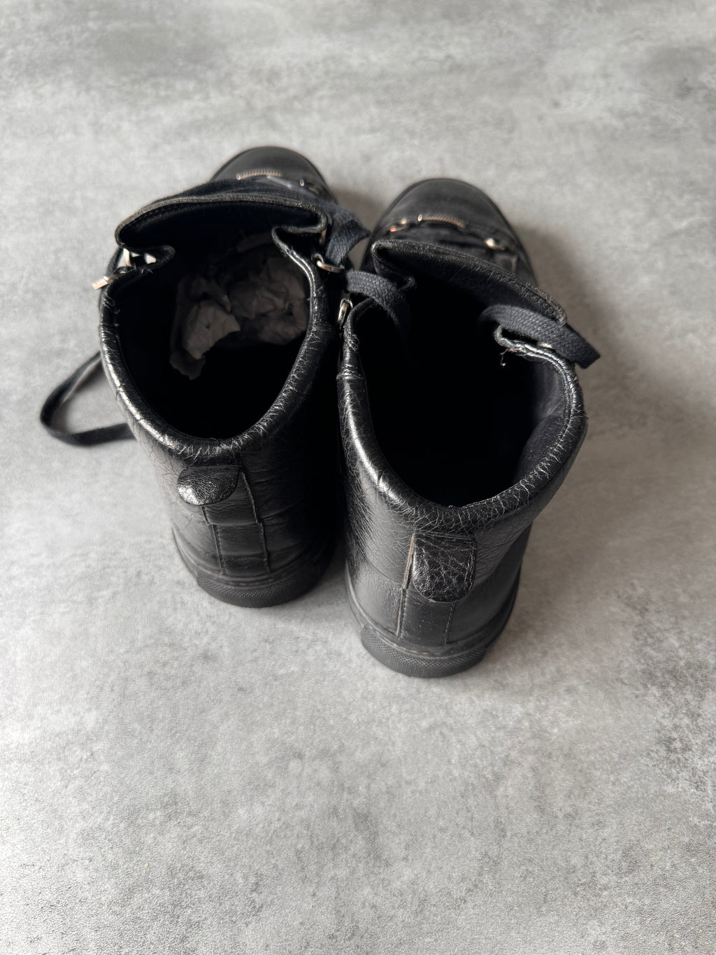 Balenciaga Arena High Black Cracked Leather Sneakers