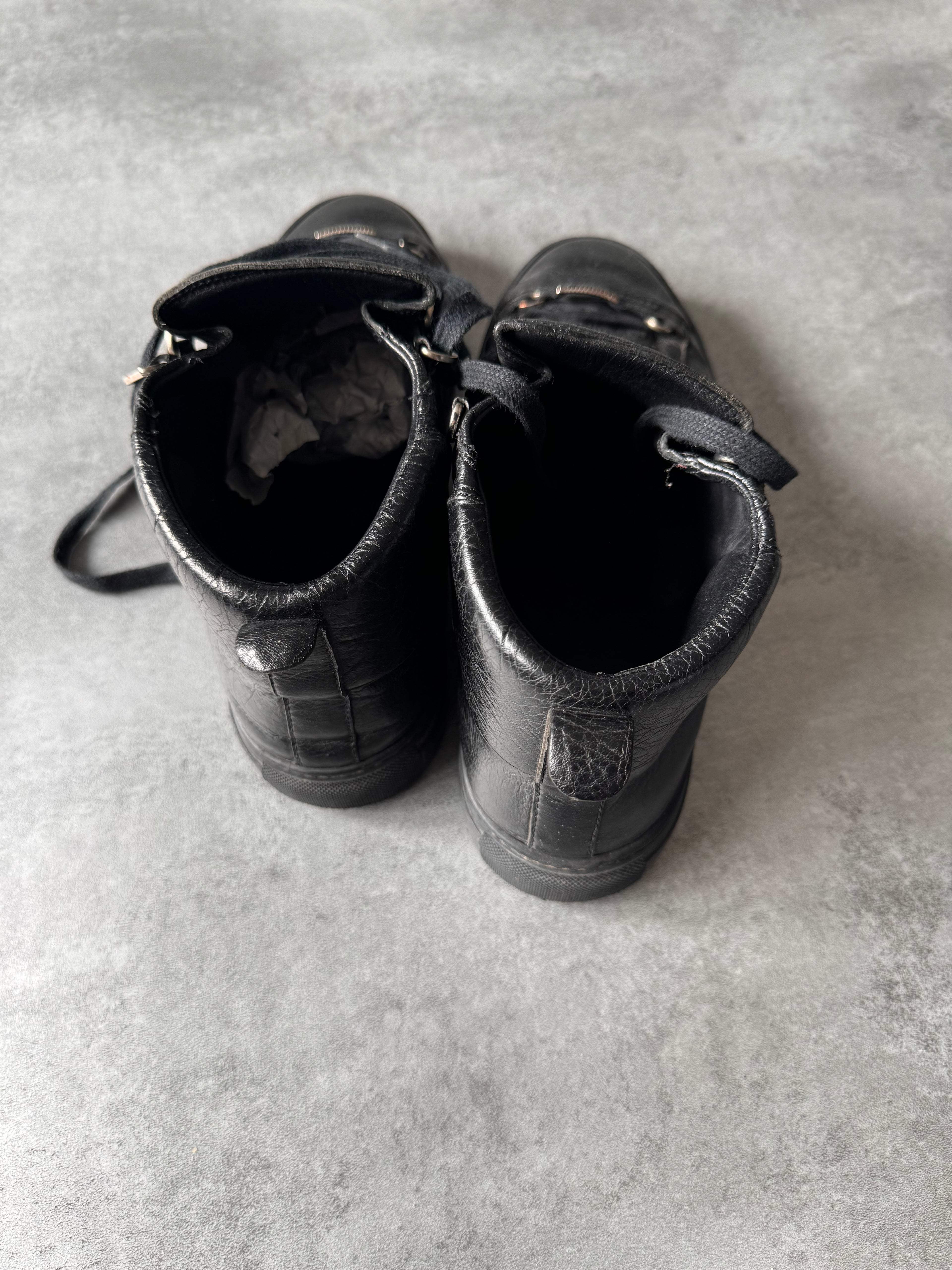 Balenciaga Arena High Black Cracked Leather Sneakers