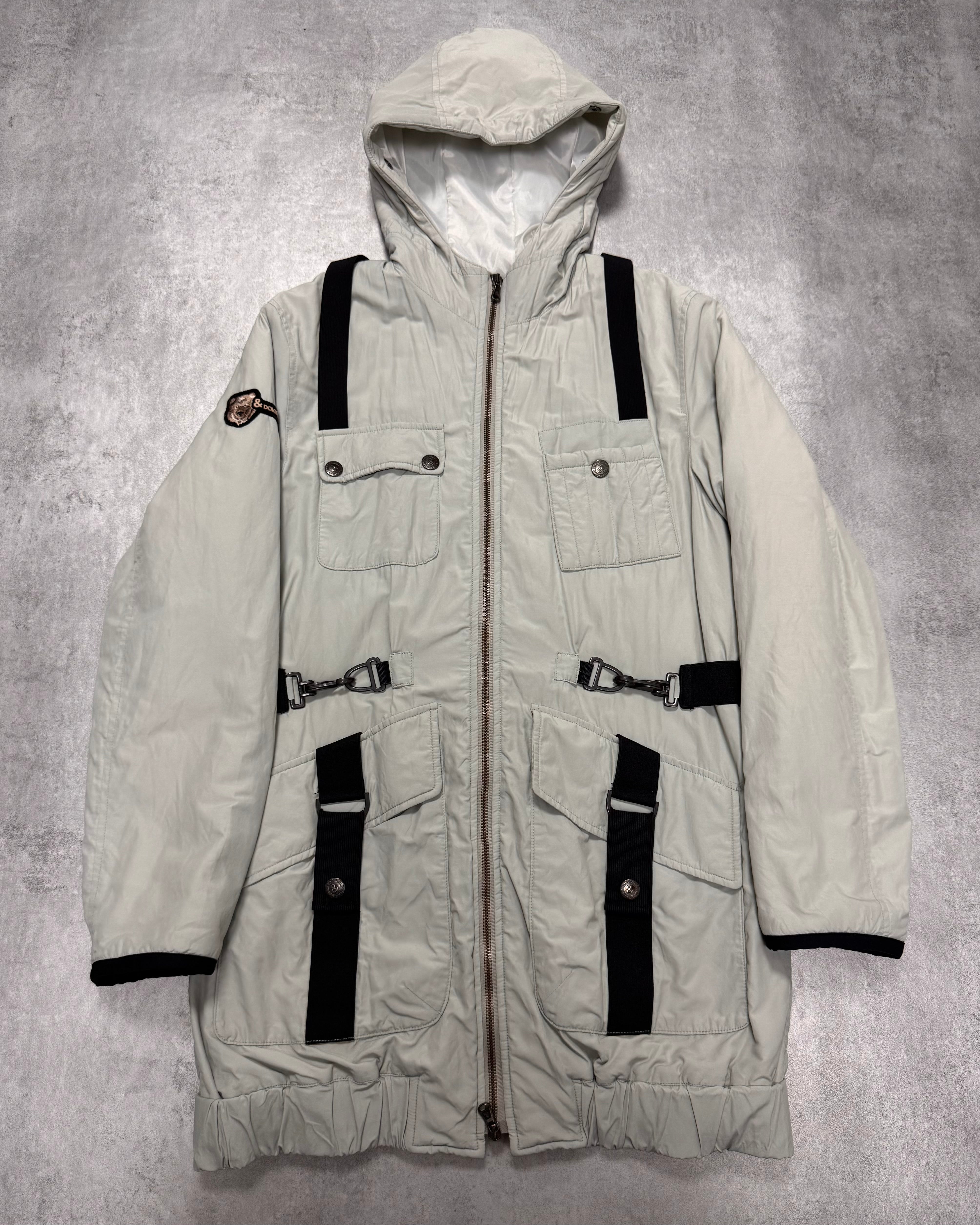2000s Dolce & Gabbana Parachute Straps Grey Hooded Coat 2000s Dolce & Gabbana Parachute Straps Grey Hooded Coat