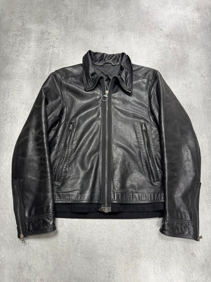 2000s Prada High Collar Black Leather Jacket (M)