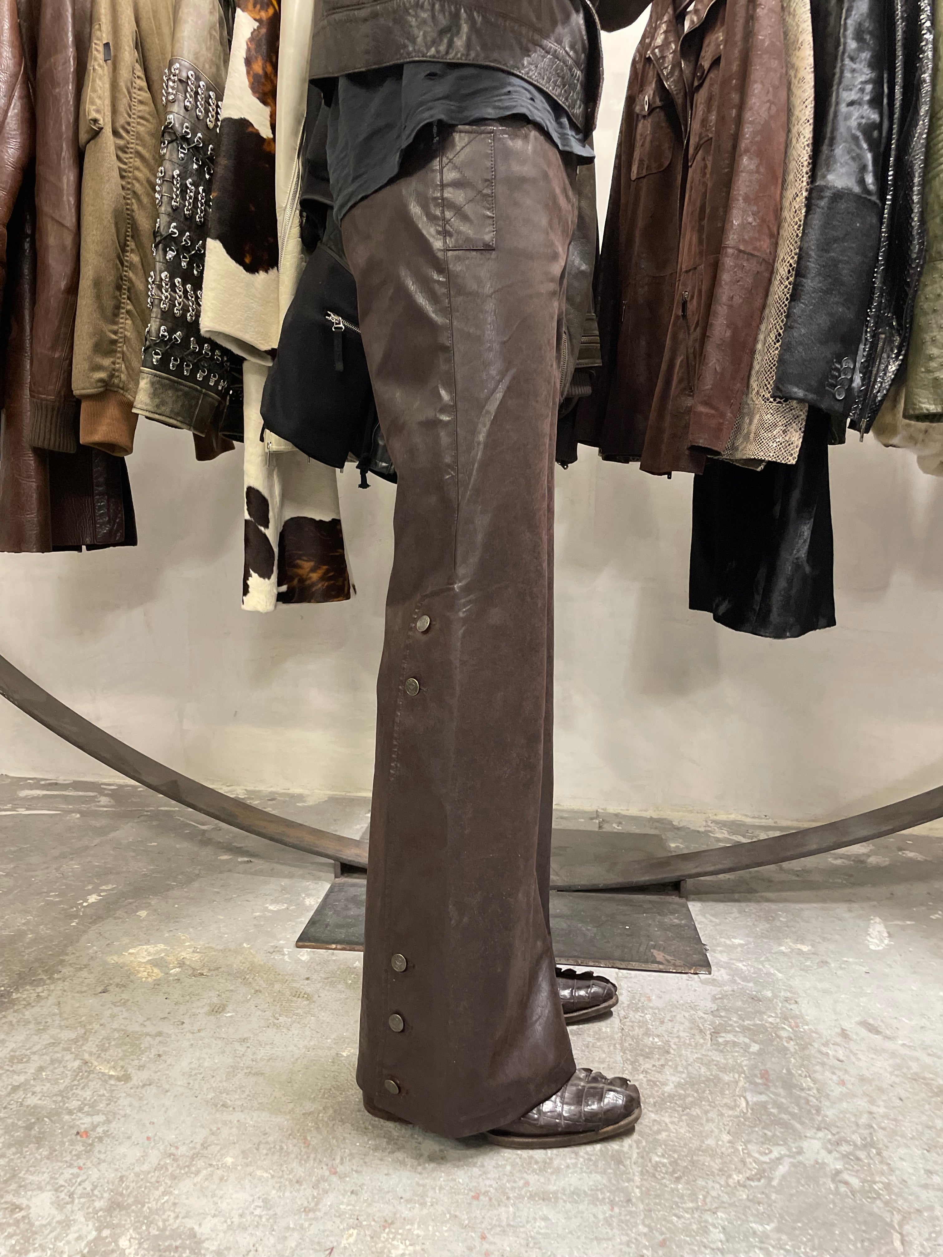 2000s Armani Brown Eco Leather Buttoned Pants