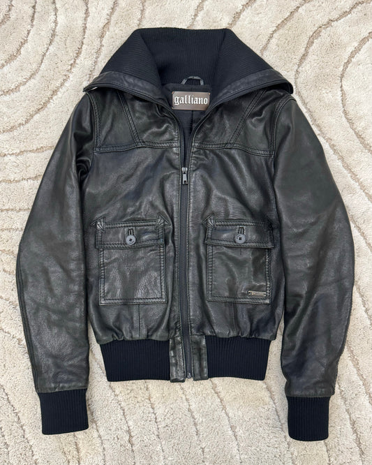 Galliano Hight Neck Leather Bomber Jacket (XXS)
