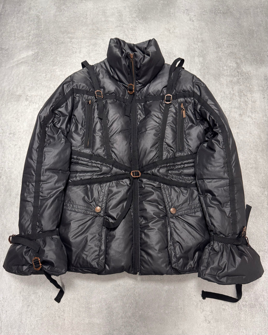 1990s Roberto Cavalli Parachute Bondage Puffer Black Jacket