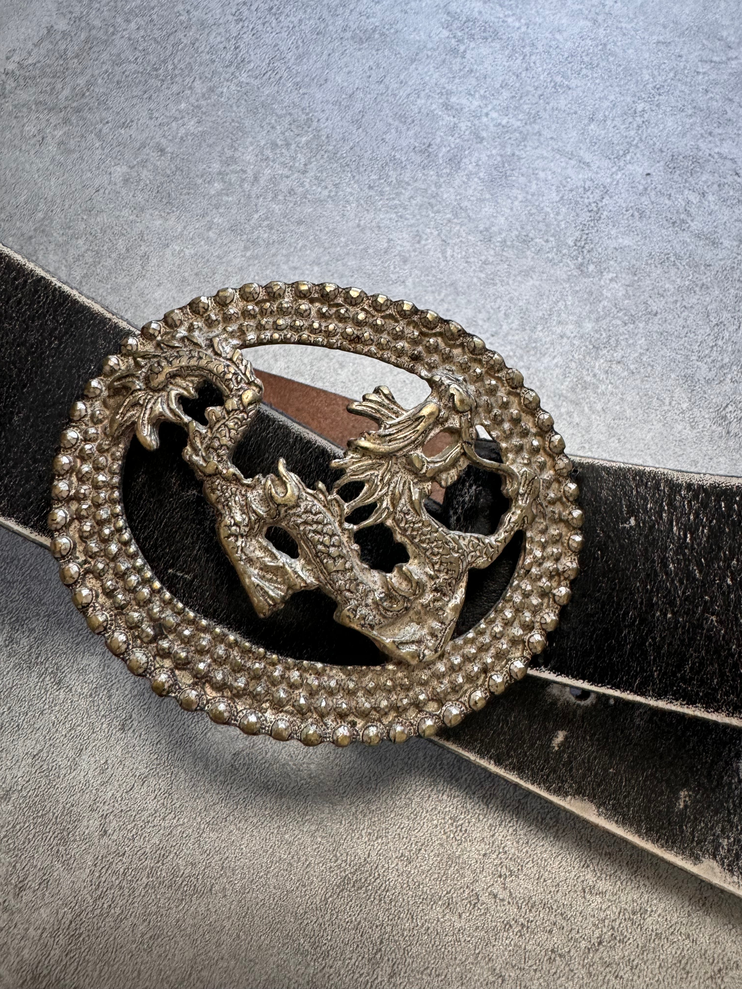2000s Cavalli Silver Dragon Faded Leather Belt