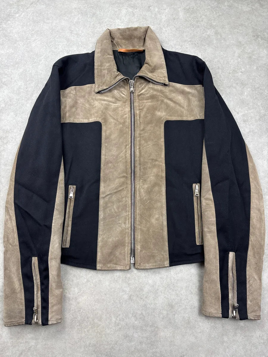 AW2001 Dolce & Gabbana Black & Beige Colorblock Hybrid Suede Leather Jacket DBdnONlc 0