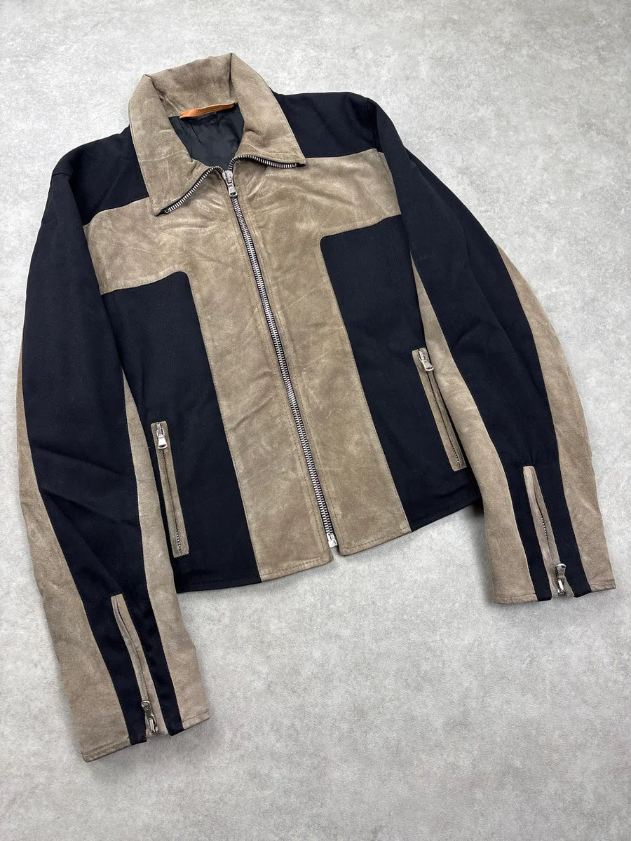 AW2001 Dolce & Gabbana Black & Beige Colorblock Hybrid Suede Leather Jacket DBdnONlc 3