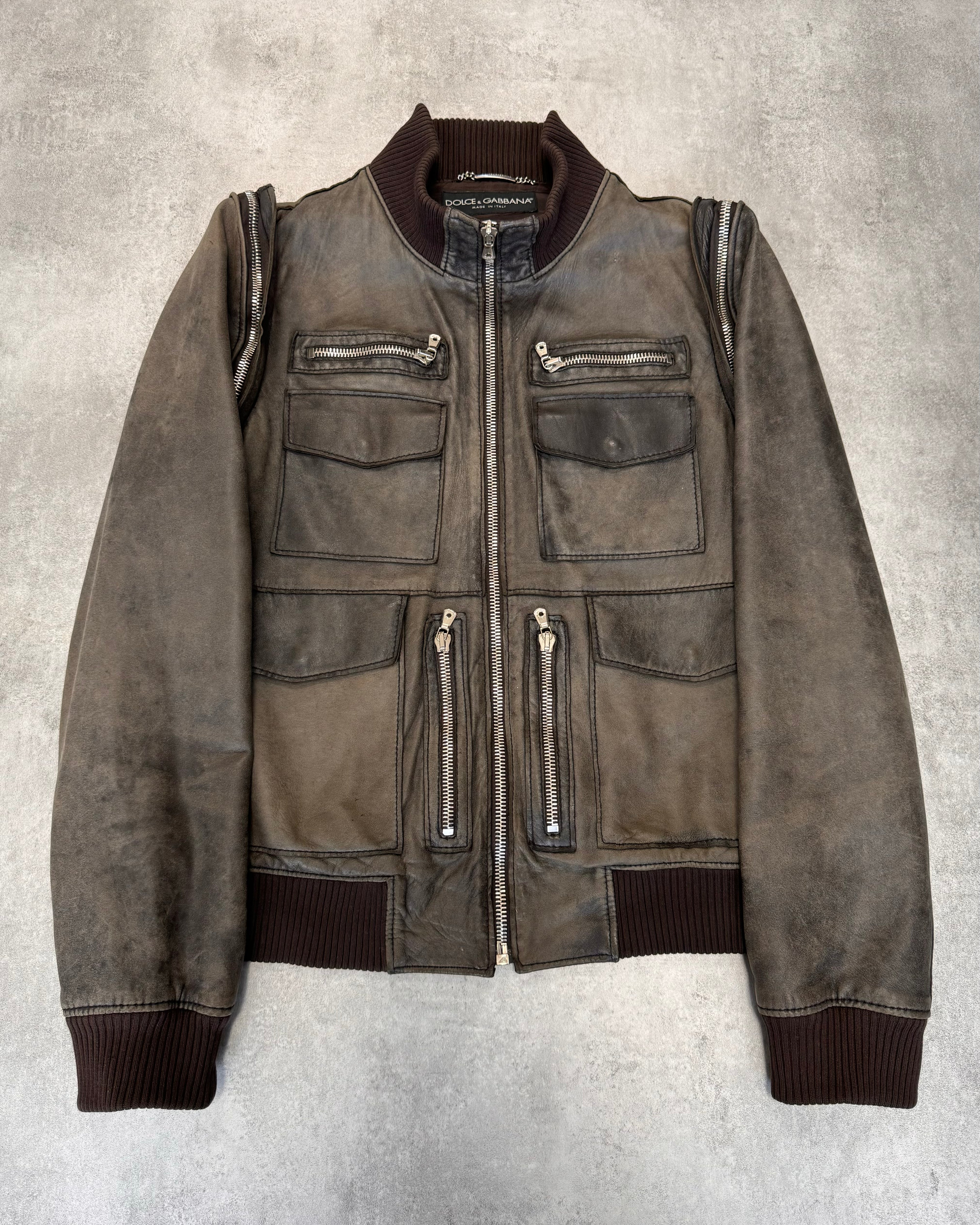 2000s Dolce & Gabbana Multi-Zip Green Brown Faded Leather Jacket