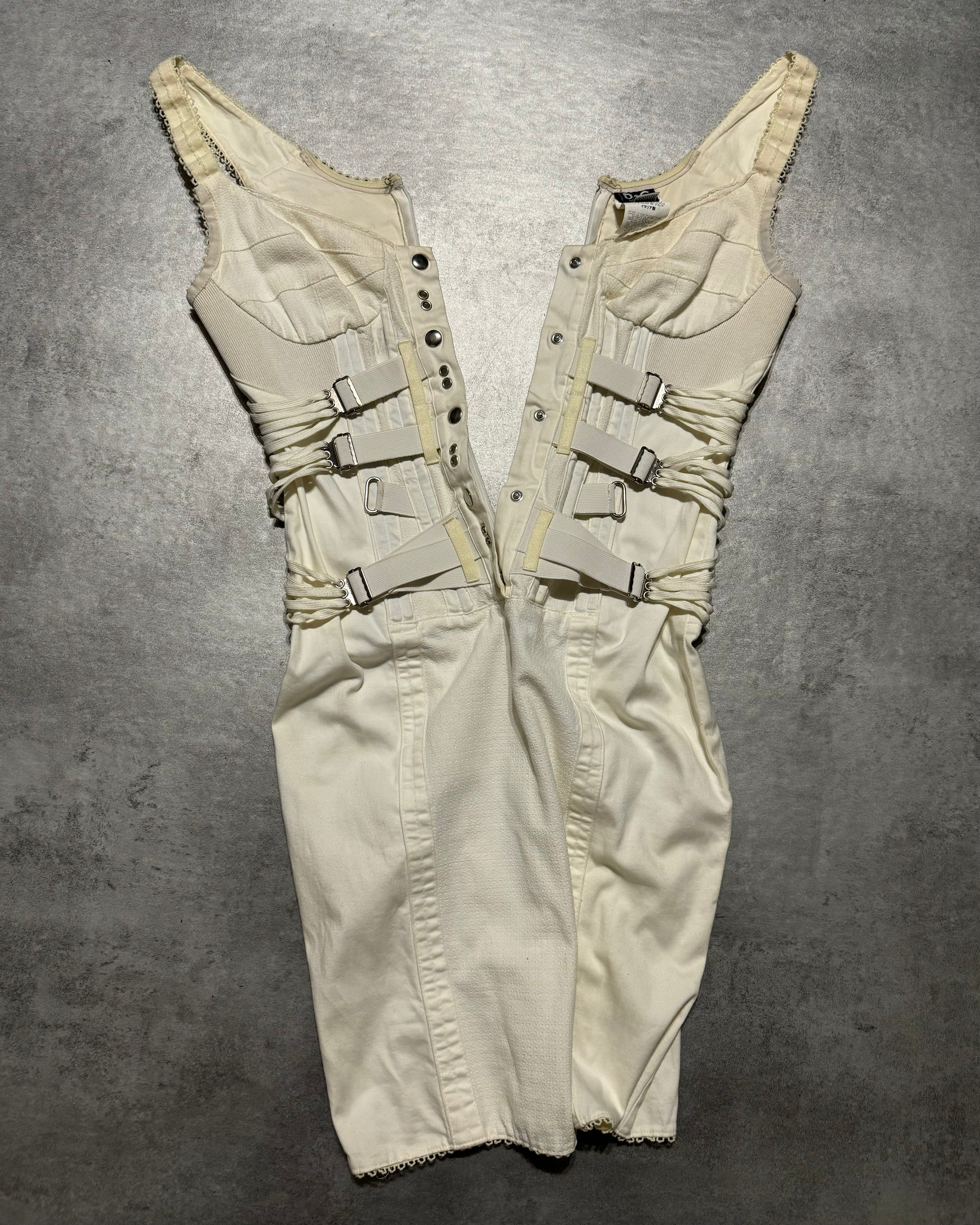 SS2004 Dolce & Gabbana White Bondage Strap Corset Cocktail Ivory Cotton Dress (XS/S) - 4