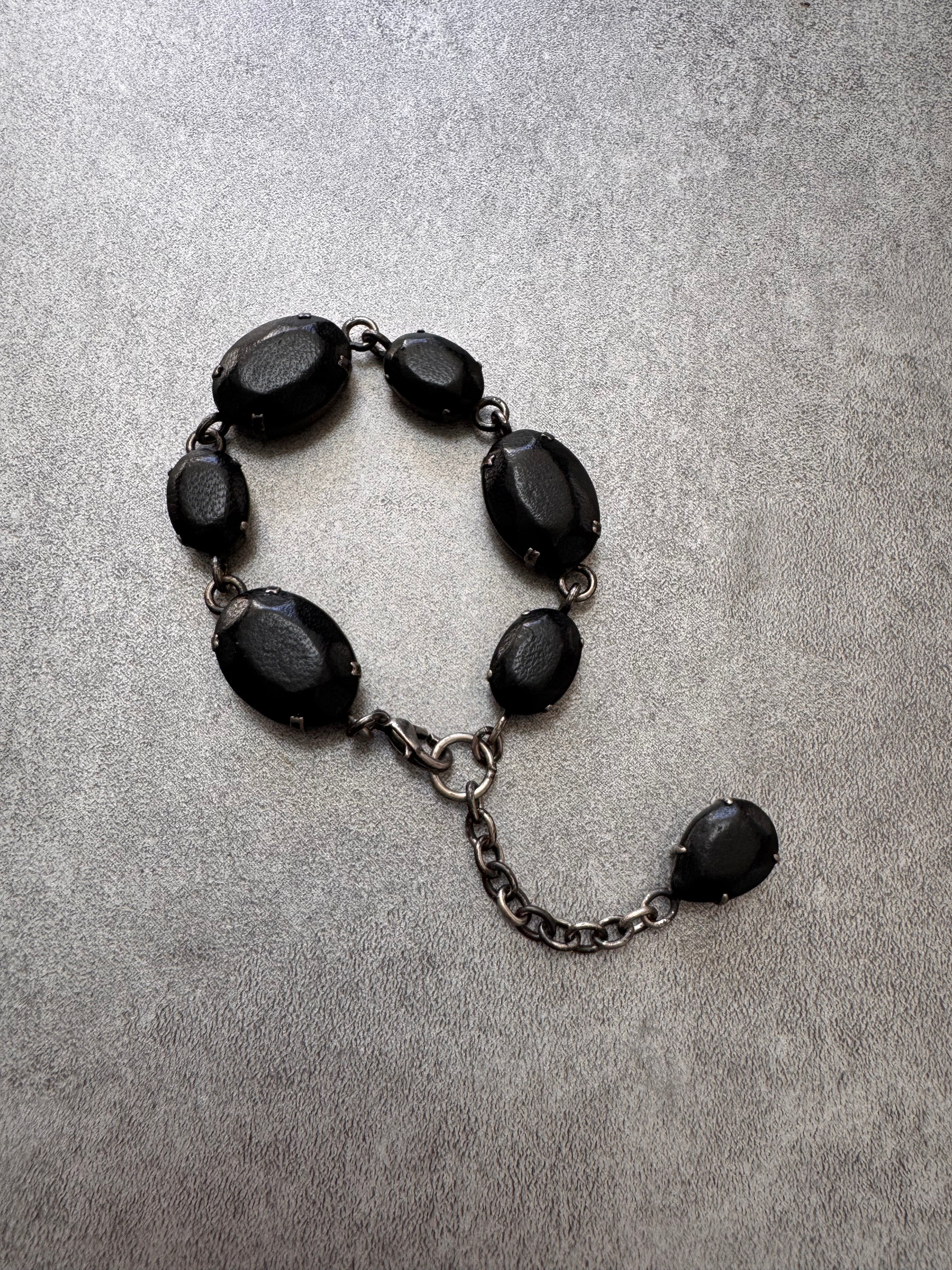 2000s Jean Paul Gaultier Black Leather Gemstone Metal Bracelet