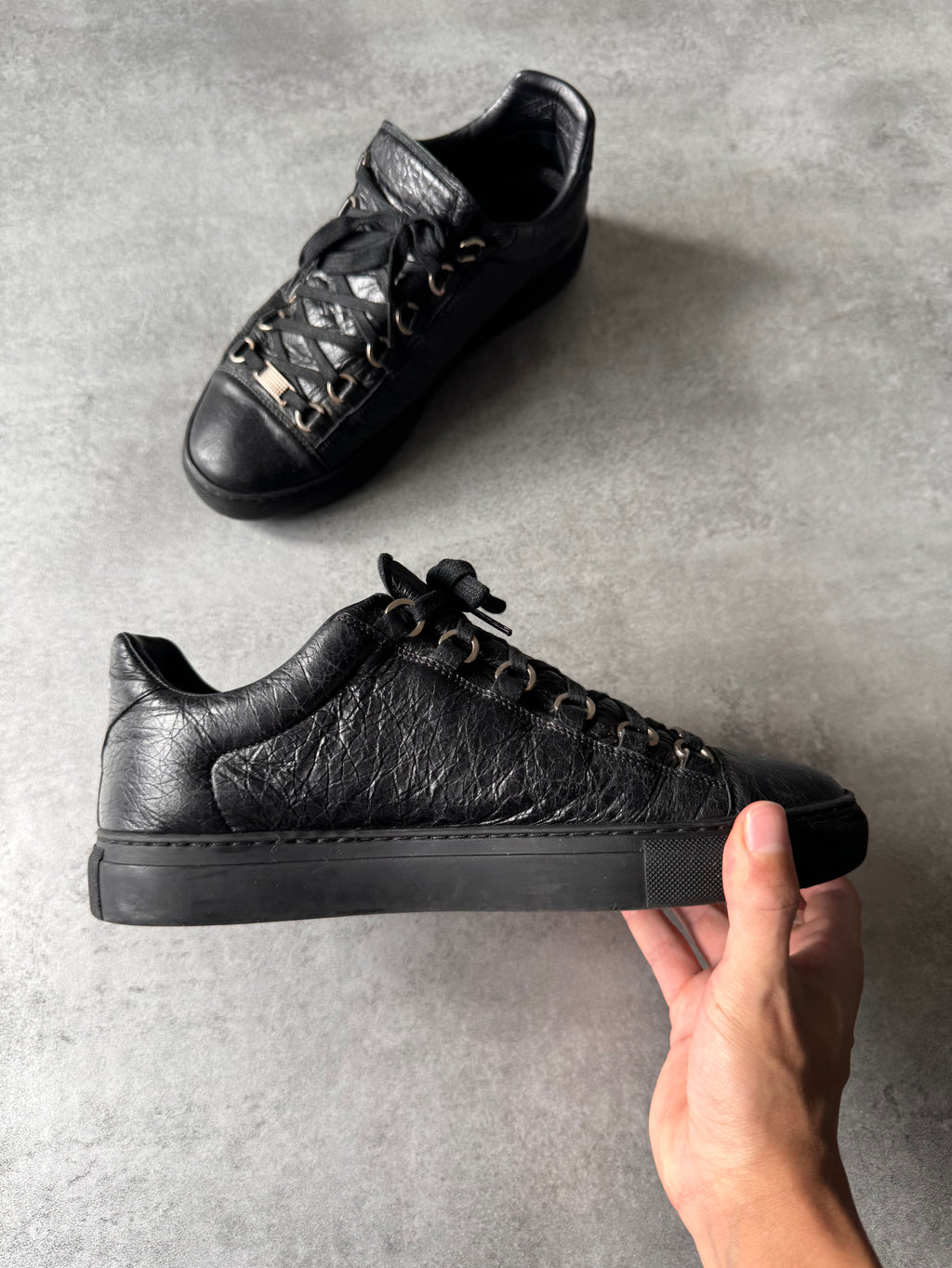 Balenciaga Arena Low Black Cracked Leather Sneakers