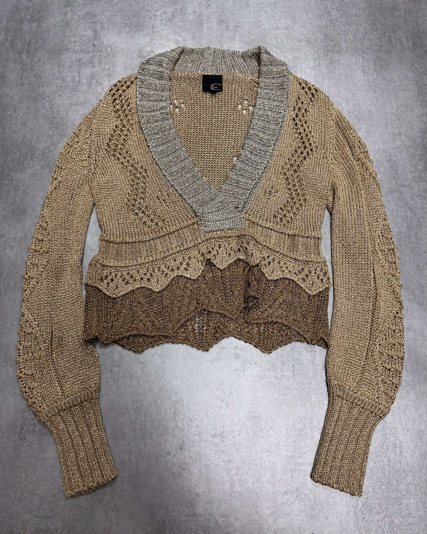 FW2007 Cavalli Golden Cropped V-Neck Sweater (XS)